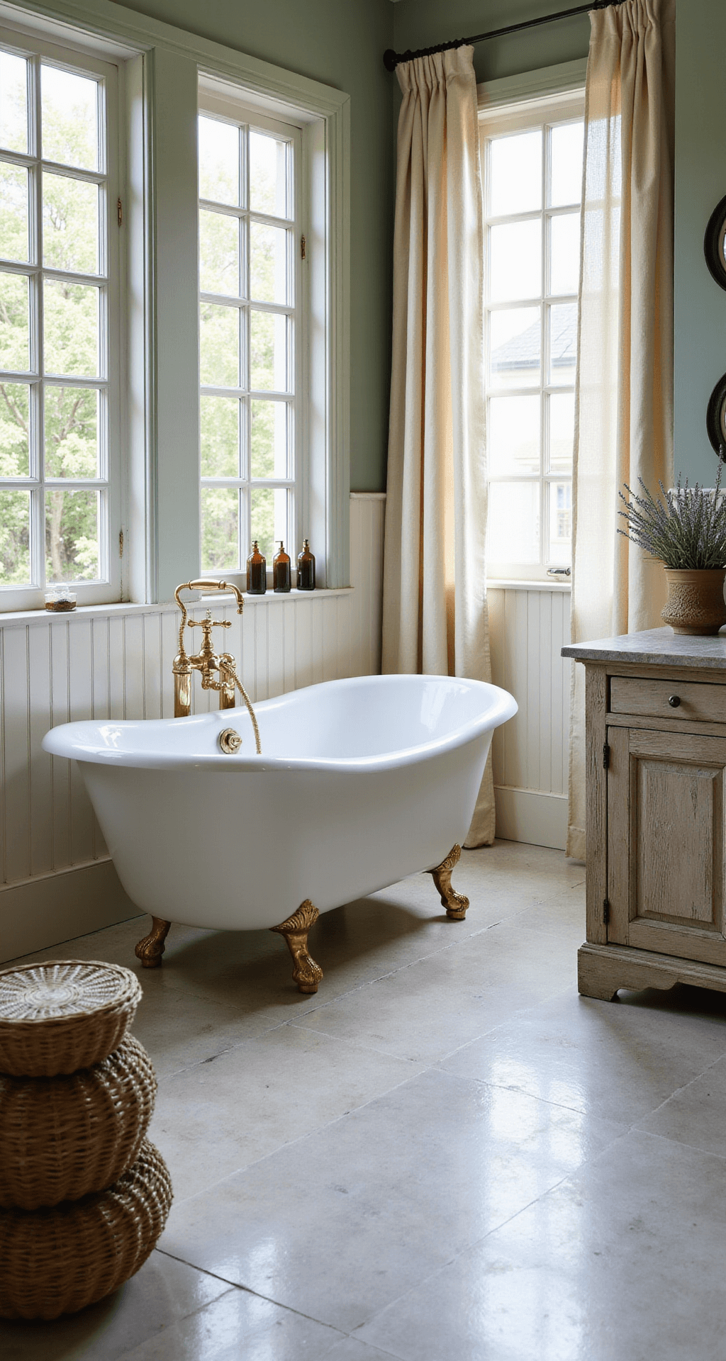 French Vintage Bathroom Decor: Transform Your Space with Timeless Elegance Spacious vintage French bathroom with a white clawfoot tub, tall casement windows, limestone flooring, brass fixtures, reclaimed wood vanity, sage green walls, and layered decor including wicker baskets and lavender.