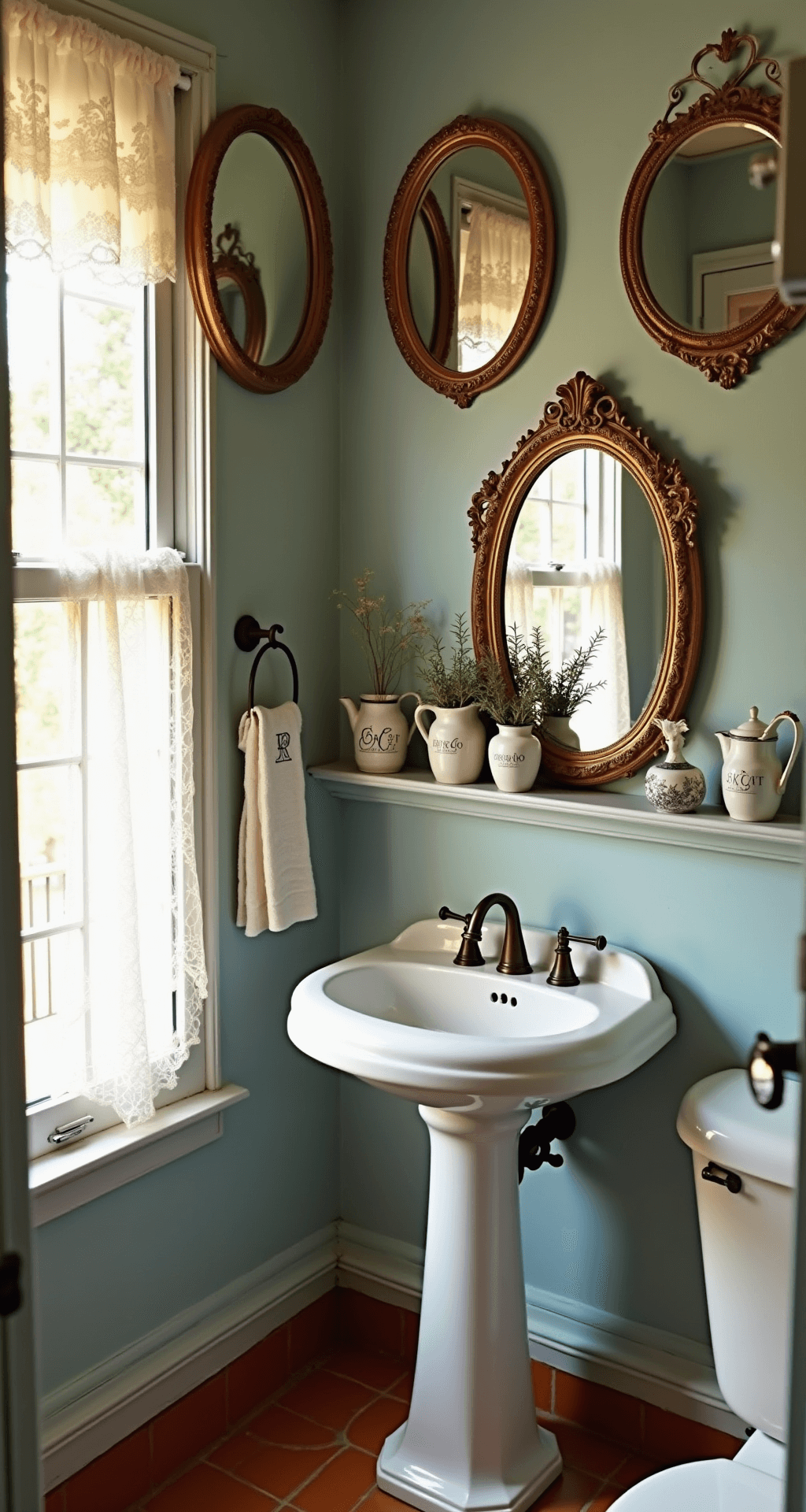 French Vintage Bathroom Decor: Transform Your Space with Timeless Elegance Intimate vintage French powder room with ornate gilded mirrors, soft afternoon light, terracotta hexagonal tiles, pale blue walls, antique ceramic sink, lace curtains, monogrammed towels, and ceramic flower pitchers.