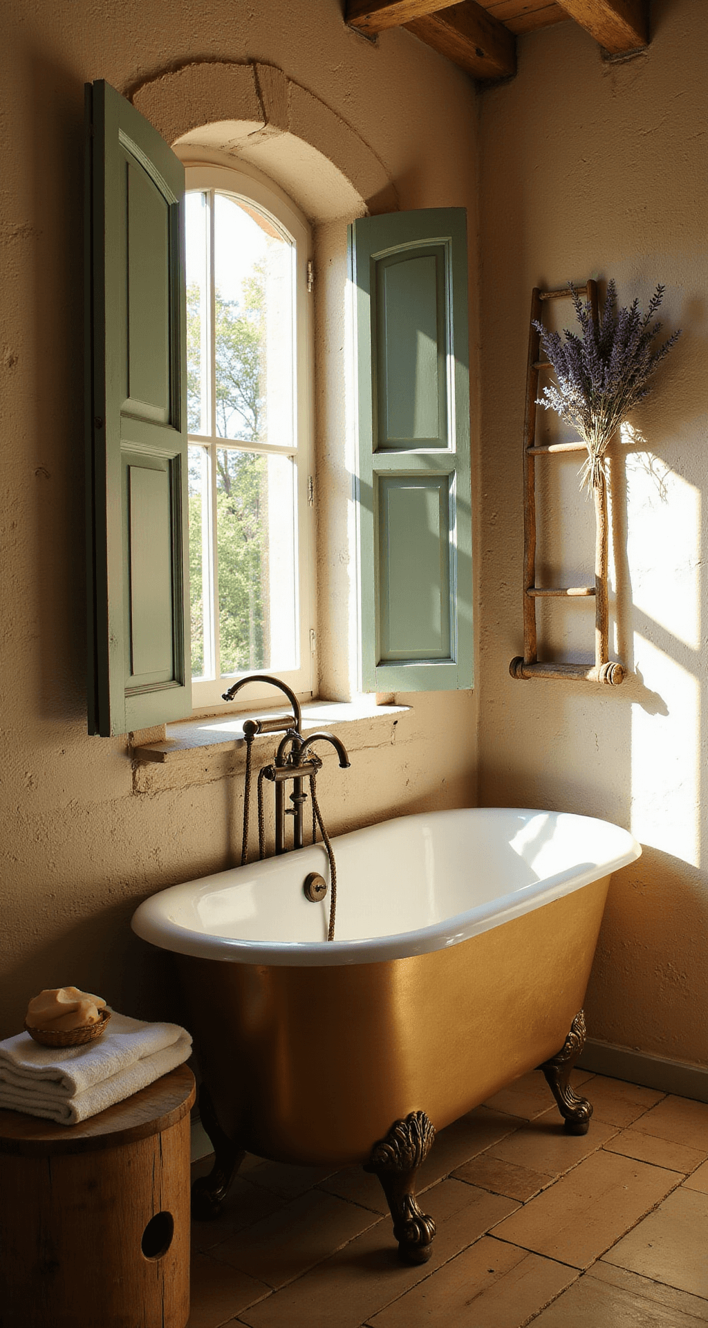 French Vintage Bathroom Decor: Transform Your Space with Timeless Elegance Charming vintage bathroom corner featuring a bronze clawfoot bathtub against limestone walls, with honey-toned wide-plank flooring, sage green shutters, and a rustic stool holding linens, illuminated by soft afternoon sunlight.