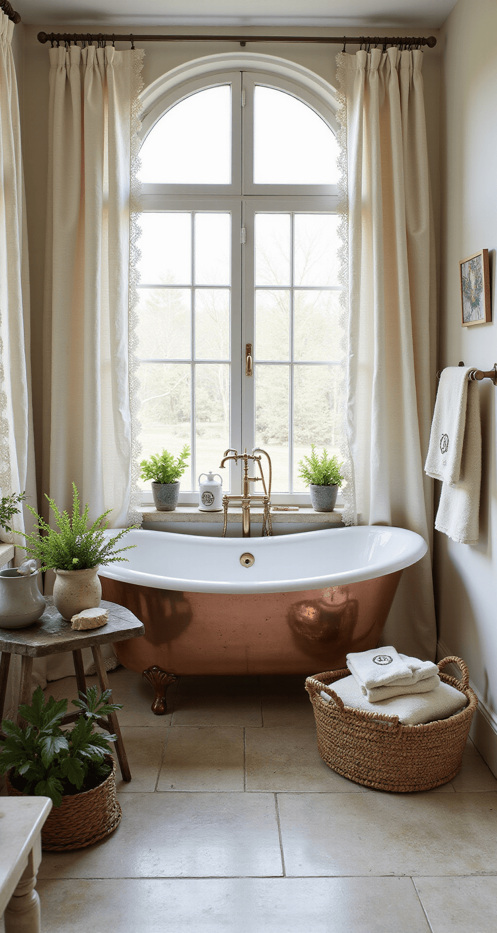 French Vintage Bathroom Decor: Transform Your Space with Timeless Elegance Elegant vintage French bathroom featuring a copper soaking tub, limestone flooring, and natural materials, illuminated by morning light streaming through tall windows.
