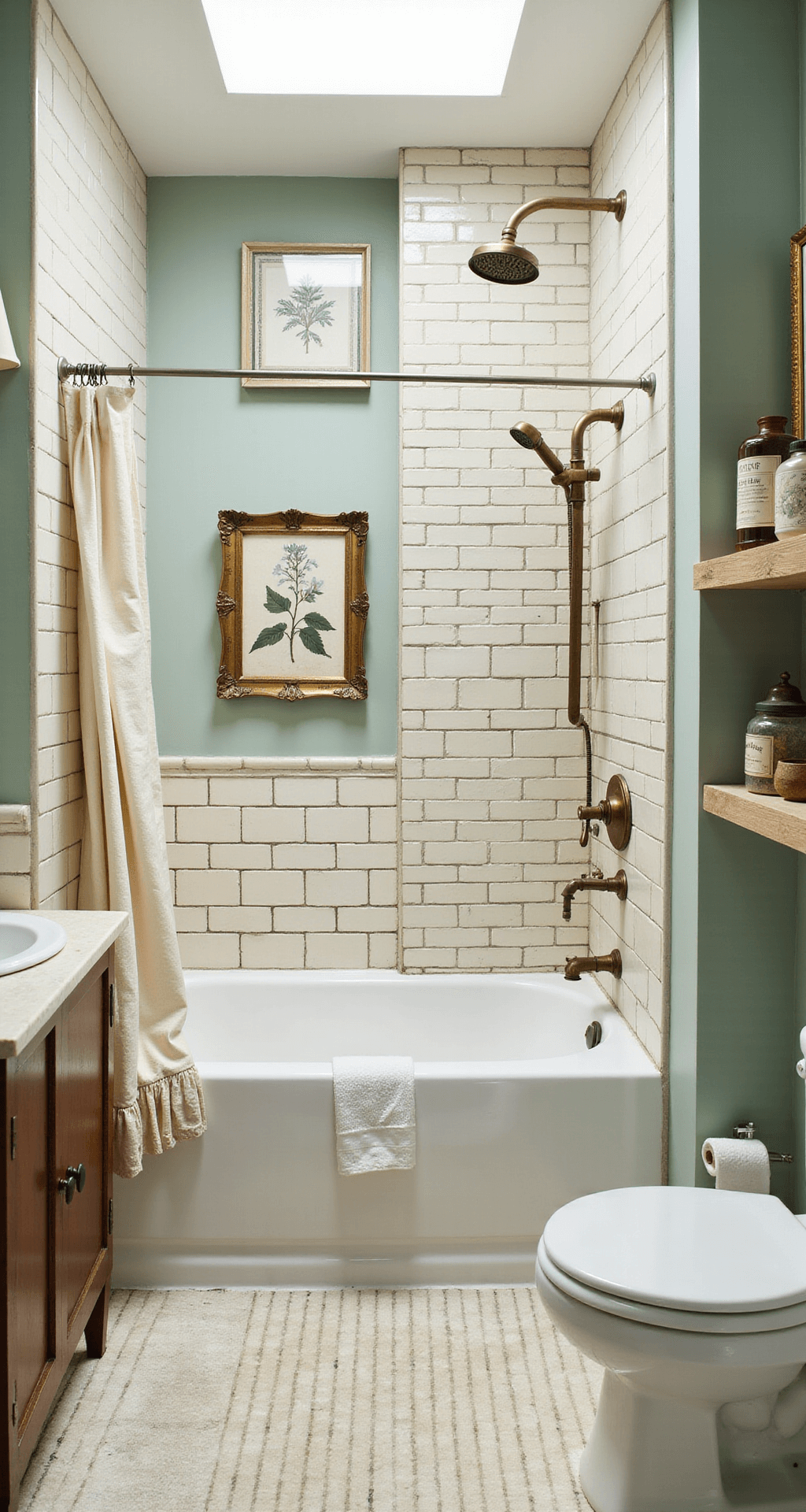 French Vintage Bathroom Decor: Transform Your Space with Timeless Elegance A sophisticated vintage French bathroom featuring brass fixtures, creamy white subway tiles with dark grout, sage green walls, an antique rain shower head, botanical prints, a linen shower curtain, and organized ceramic jars on floating shelves, all illuminated by soft skylight lighting.