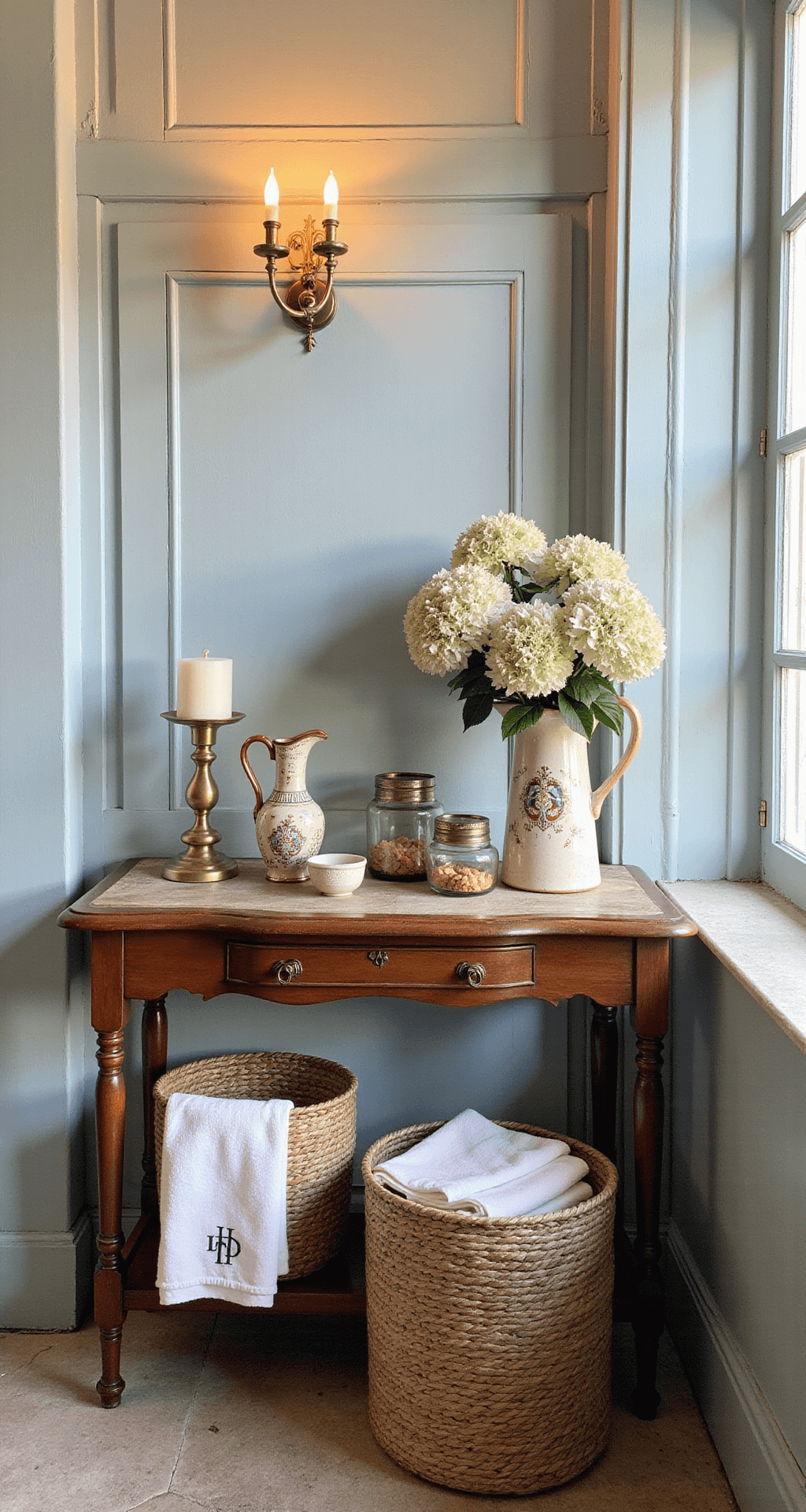 French Vintage Bathroom Decor: Transform Your Space with Timeless Elegance Charming French vintage bathroom vignette with an antique wooden console, limestone walls, layered vintage accessories, pale blue wood paneling, and natural light highlighting ornate perfume bottles, ceramic flower pitchers, monogrammed linen towels, and vintage brass candleholders.