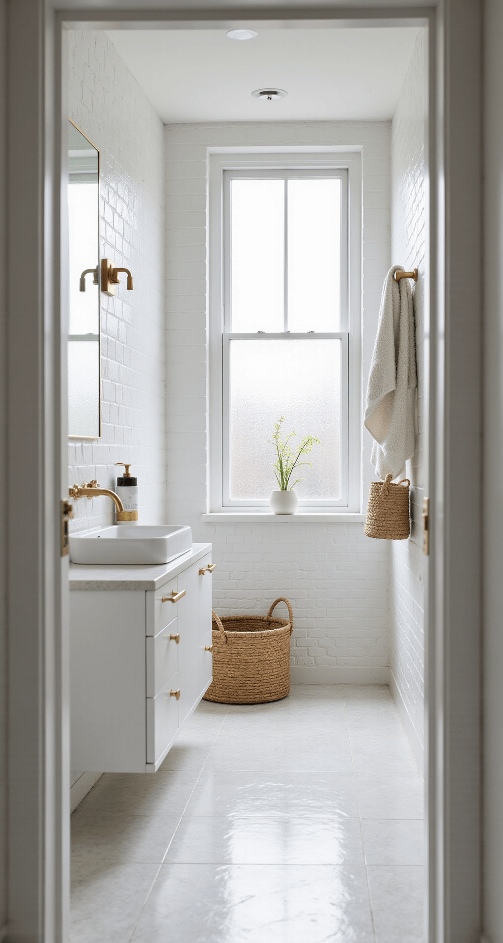 White Bathroom Decor: Transform Your Space with Timeless Elegance A pristine white bathroom featuring herringbone-patterned ceramic subway tiles, a modern floating vanity with brass hardware, and a large frameless mirror, all illuminated by soft morning light.