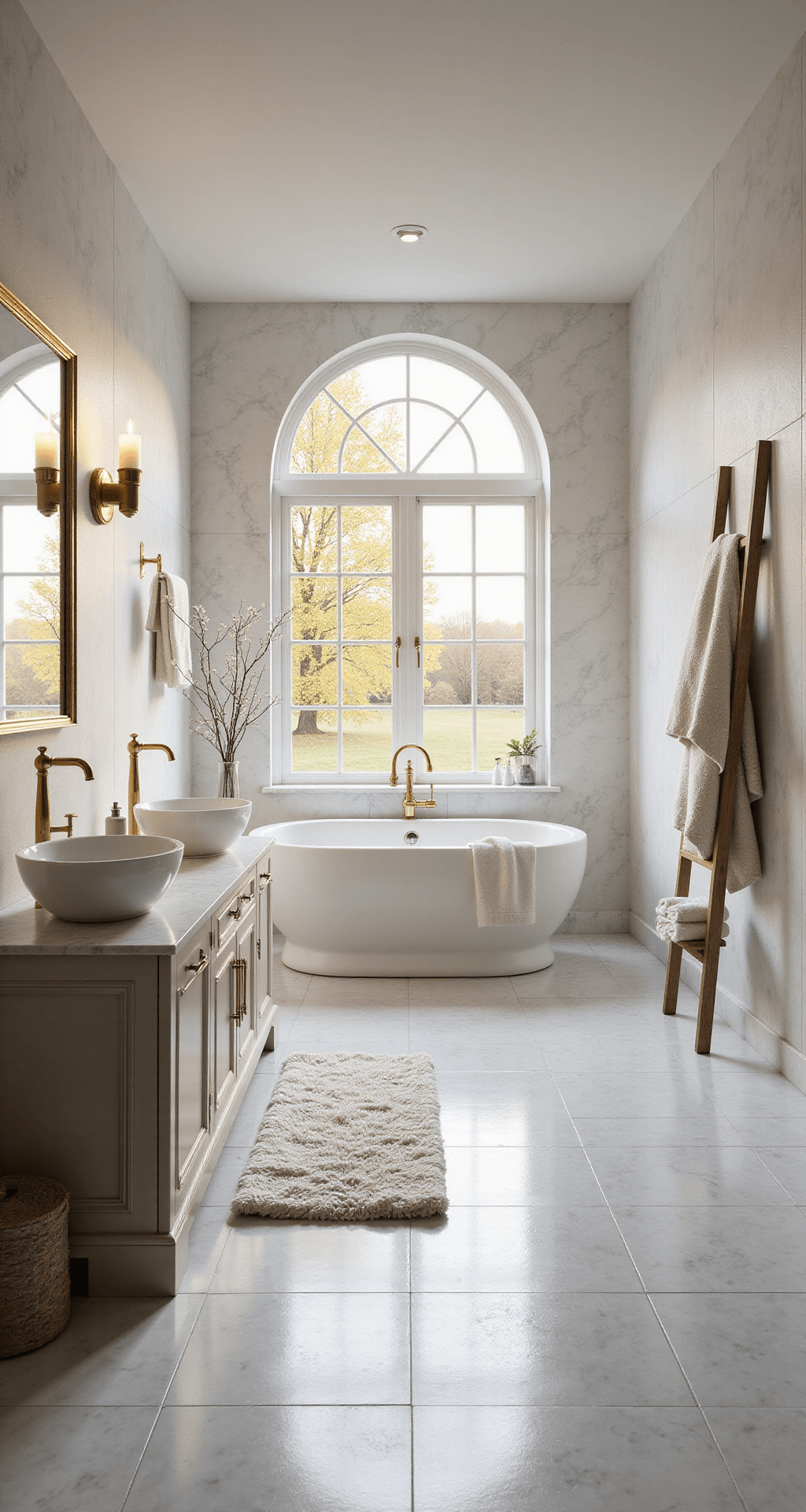 White Bathroom Decor: Transform Your Space with Timeless Elegance Photorealistic luxurious white bathroom with marble-look tiles, freestanding soaking tub by a large window, gold faucets, ambient lighting, and textured elements, during golden hour.