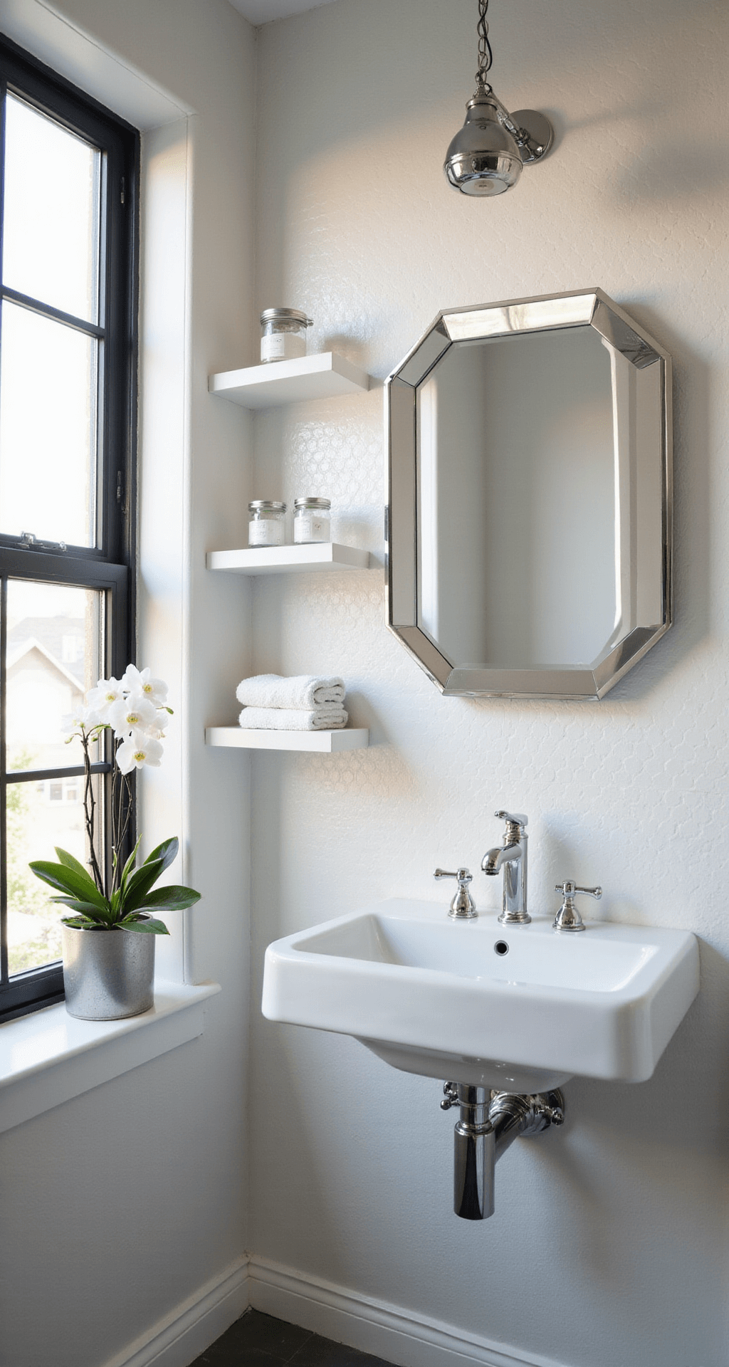 White Bathroom Decor: Transform Your Space with Timeless Elegance Contemporary white powder room featuring glossy penny tile accent wall, wall-mounted sink with chrome fixtures, geometric mirror, and floating shelves with towels and plants, captured in dramatic side lighting.