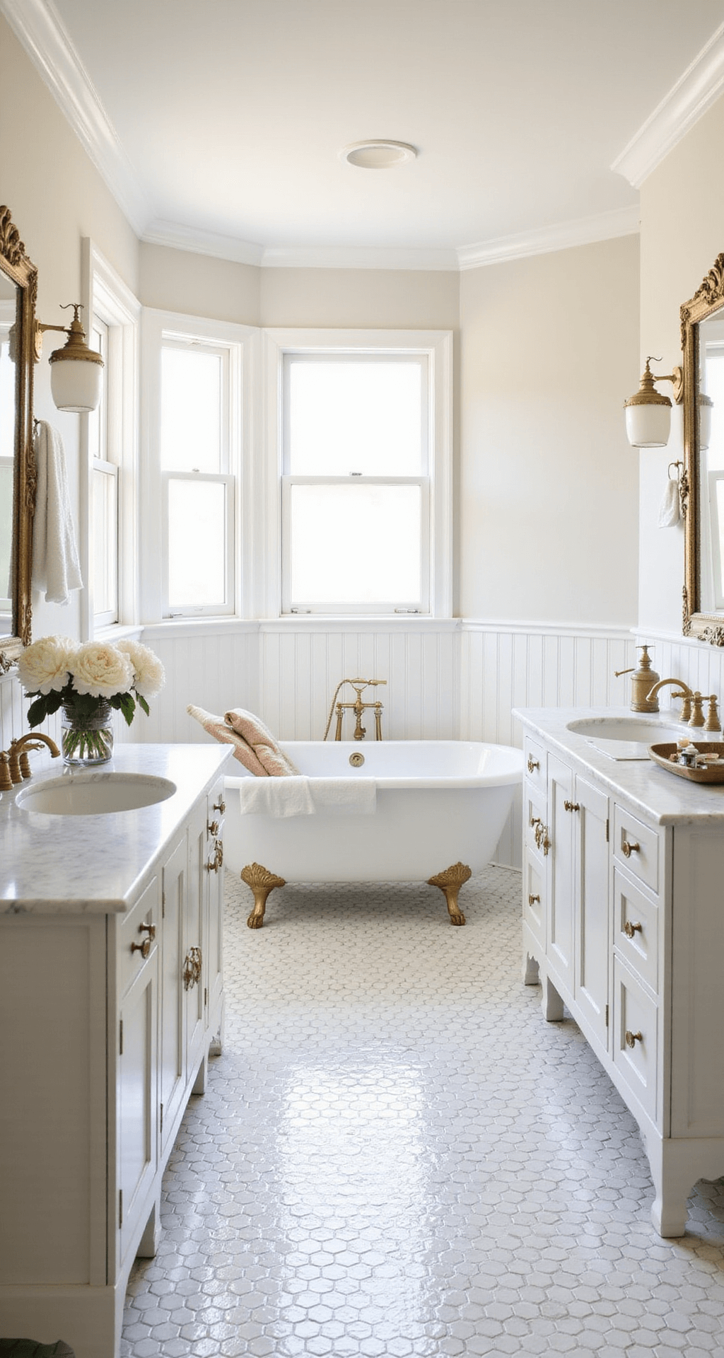 White Bathroom Decor: Transform Your Space with Timeless Elegance Elegant white master bathroom featuring a vintage clawfoot tub, double vanity with marble countertops, and warm brass fixtures, captured in soft morning light.