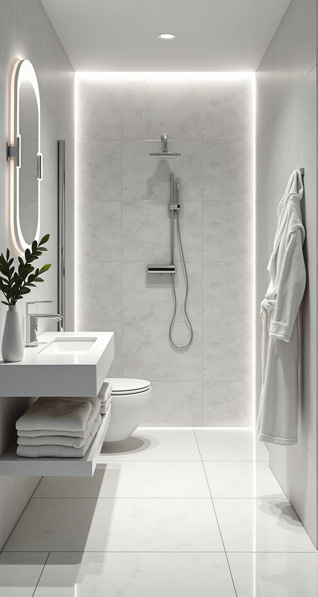 White Bathroom Decor: Transform Your Space with Timeless Elegance Modern minimalist white bathroom featuring clean architectural lines, a floating white vanity, and a walk-in shower with white stone-look tiles, accented by LED lighting and textural elements like a terry cloth robe and eucalyptus planter.
