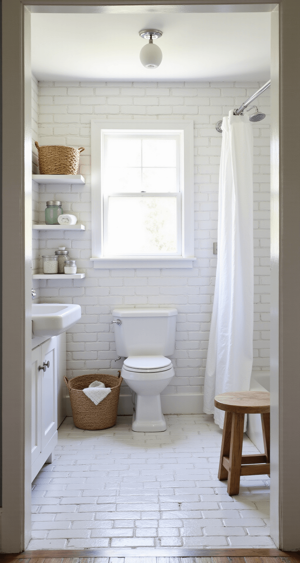 White Bathroom Decor: Transform Your Space with Timeless Elegance Transitional white bathroom interior with budget-friendly decor, featuring white brick tiles, a pedestal sink, floating shelves with towels, and a shower area with subway tiles and a new chrome showerhead, highlighted by natural daylight and soft beige accents.