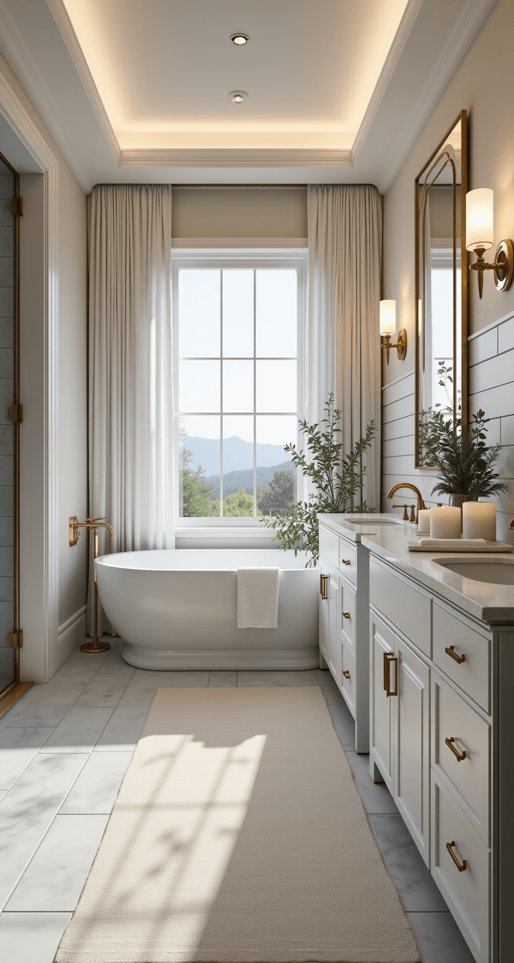 White Bathroom Decor: Transform Your Space with Timeless Elegance Luxurious white bathroom at blue hour featuring a built-in stone bathtub, gold fixtures, and white travertine tiles, surrounded by candles and eucalyptus, with ambient lighting and a serene atmosphere.