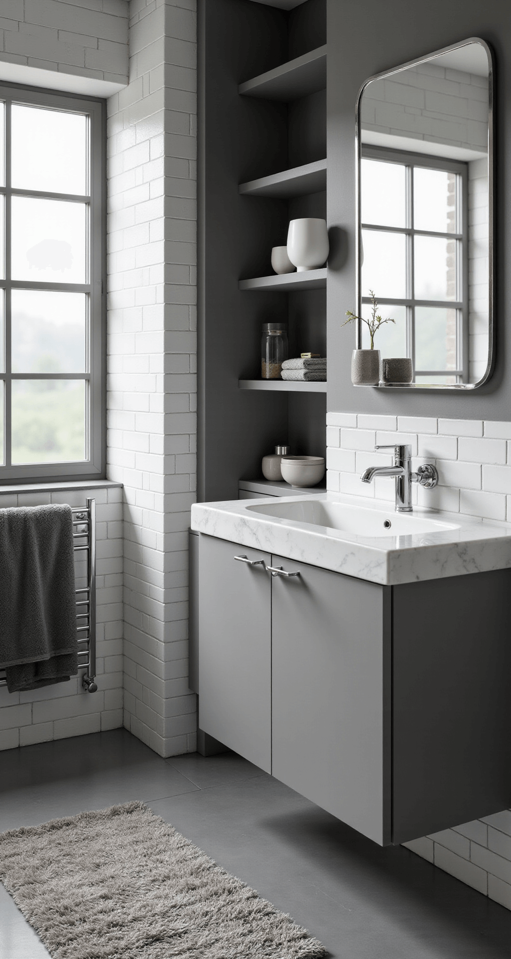 Grey Bathroom Decor: Your Ultimate Styling Guide for Timeless Elegance Photorealistic interior of a sophisticated grey bathroom featuring white subway tile walls, a charcoal grey accent wall, and a floating vanity with a white marble countertop and vessel sink, illuminated by soft morning light through a frosted glass window, highlighting polished chrome fixtures and plush charcoal towels on a heated rail, creating a serene spa-like atmosphere.