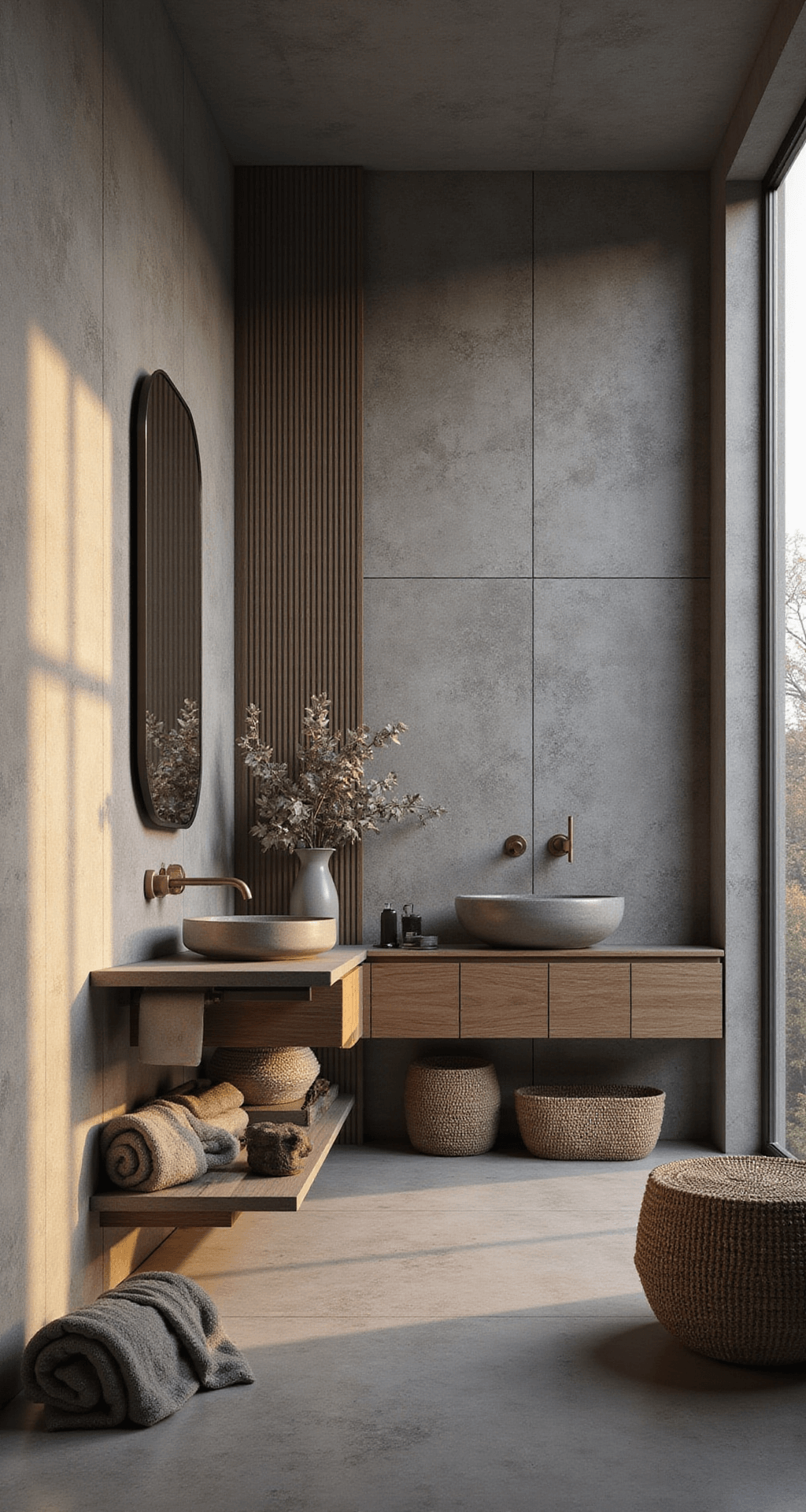 Grey Bathroom Decor: Your Ultimate Styling Guide for Timeless Elegance Spacious grey bathroom with ribbed glass shower partition, woven baskets, and dimensional ceramic tiles, illuminated by warm golden hour light highlighting contrasts between a floating oak vanity and grey stone sink, plush grey towels, brass hardware, and a ceramic vase with dried eucalyptus.