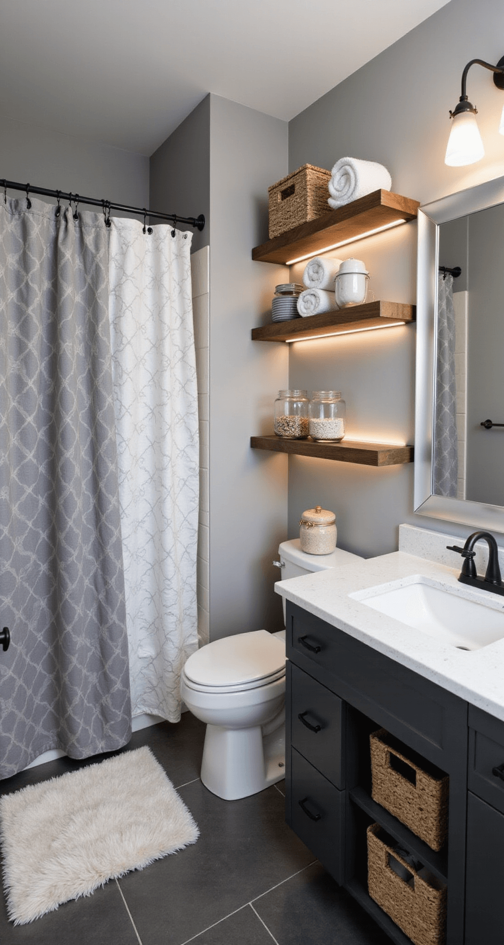 Grey Bathroom Decor: Your Ultimate Styling Guide for Timeless Elegance Professional interior photograph of a compact grey bathroom featuring layered designs, natural light, warm LED accents, white quartz countertops, matte black fixtures, and geometric patterned shower curtain, with thoughtfully arranged decor and balanced lighting.