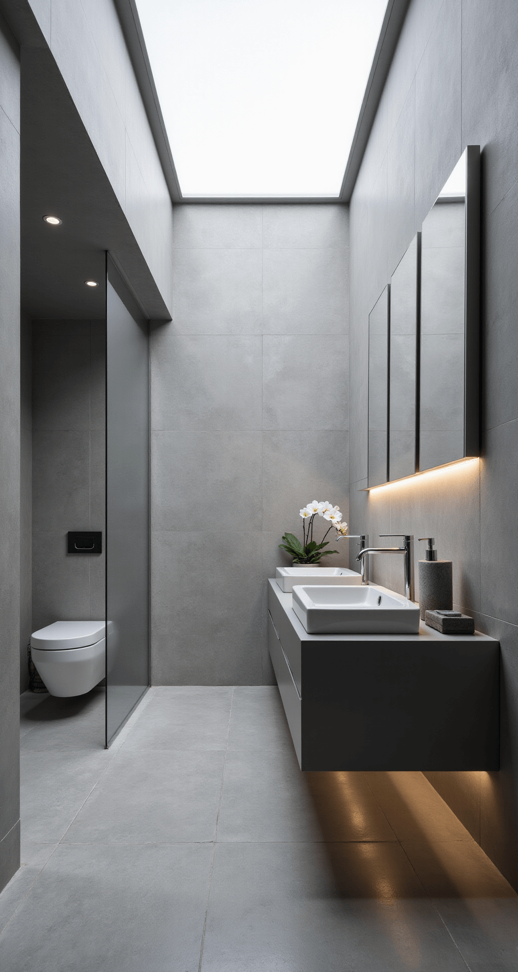 Grey Bathroom Decor: Your Ultimate Styling Guide for Timeless Elegance Modern minimalist grey bathroom featuring floor-to-ceiling porcelain tiles, a floating double vanity, sleek undermount sinks, ambient LED lighting, and a frameless glass shower partition, all illuminated by bright midday light.