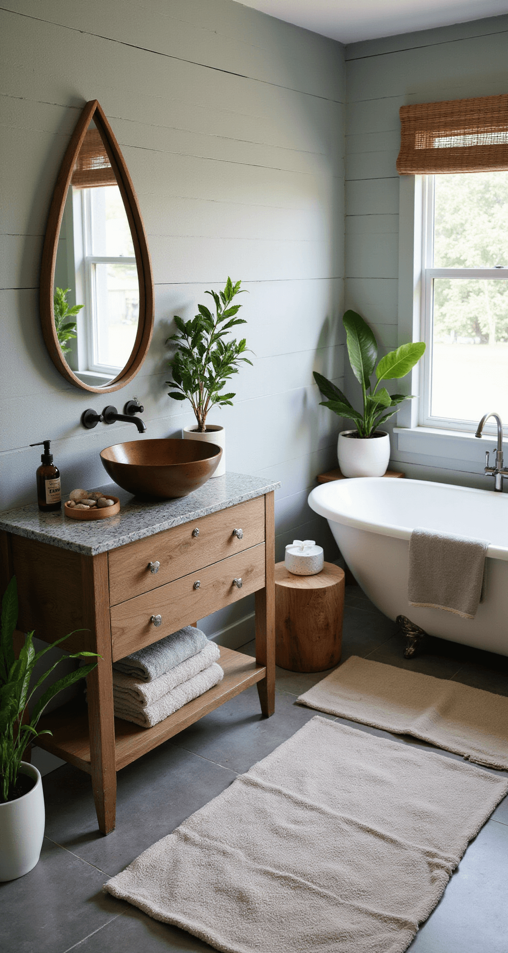 Grey Bathroom Decor: Your Ultimate Styling Guide for Timeless Elegance Serene grey bathroom sanctuary with shiplap walls, natural stone tile, reclaimed wood vanity, copper vessel sink, lush plants, and soft lighting, evoking a tranquil spa atmosphere.