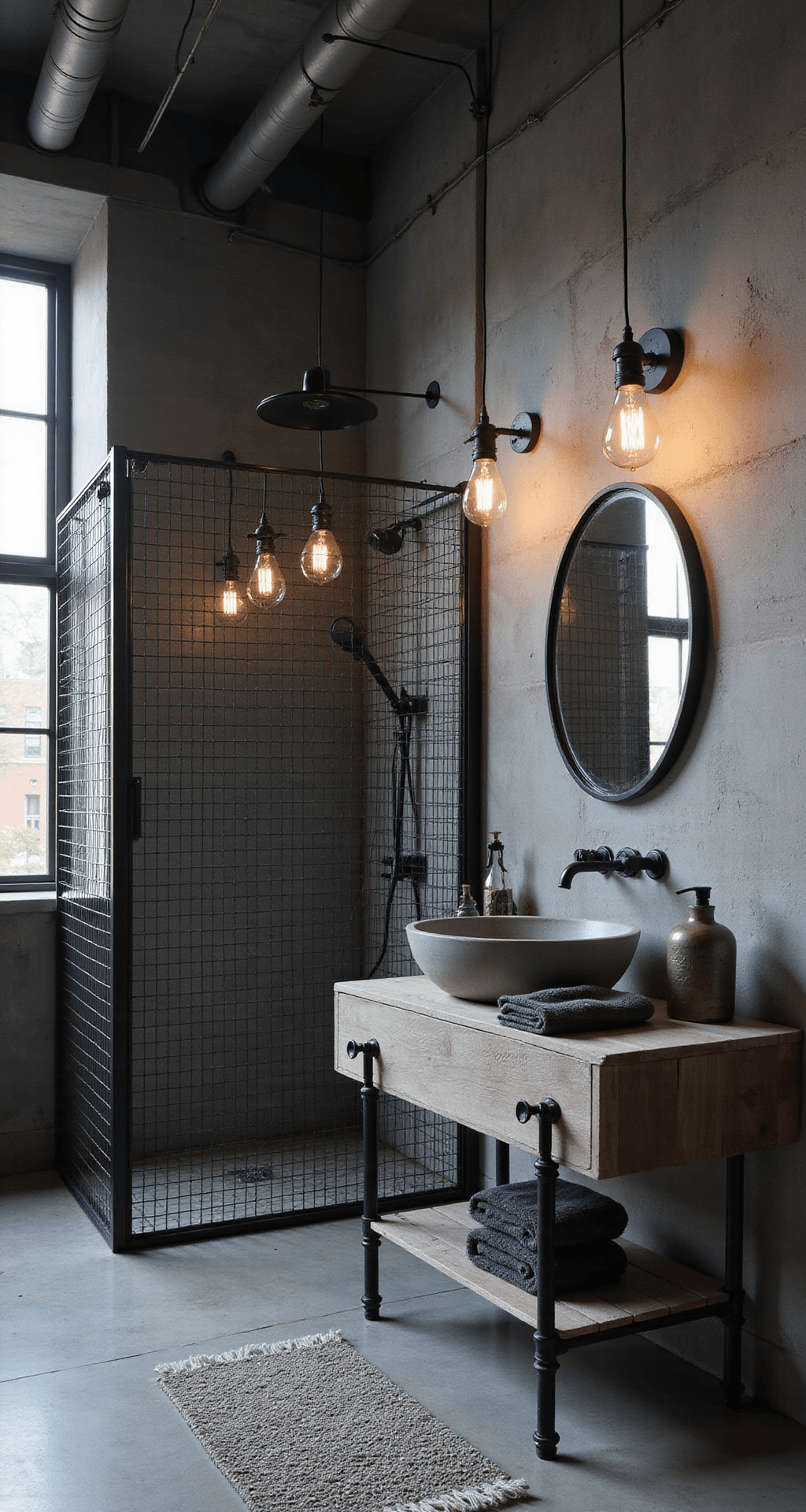 Grey Bathroom Decor: Your Ultimate Styling Guide for Timeless Elegance Industrial chic grey bathroom with exposed concrete walls, black metal shower enclosure, weathered wood vanity, and dramatic lighting creating an edgy urban atmosphere.