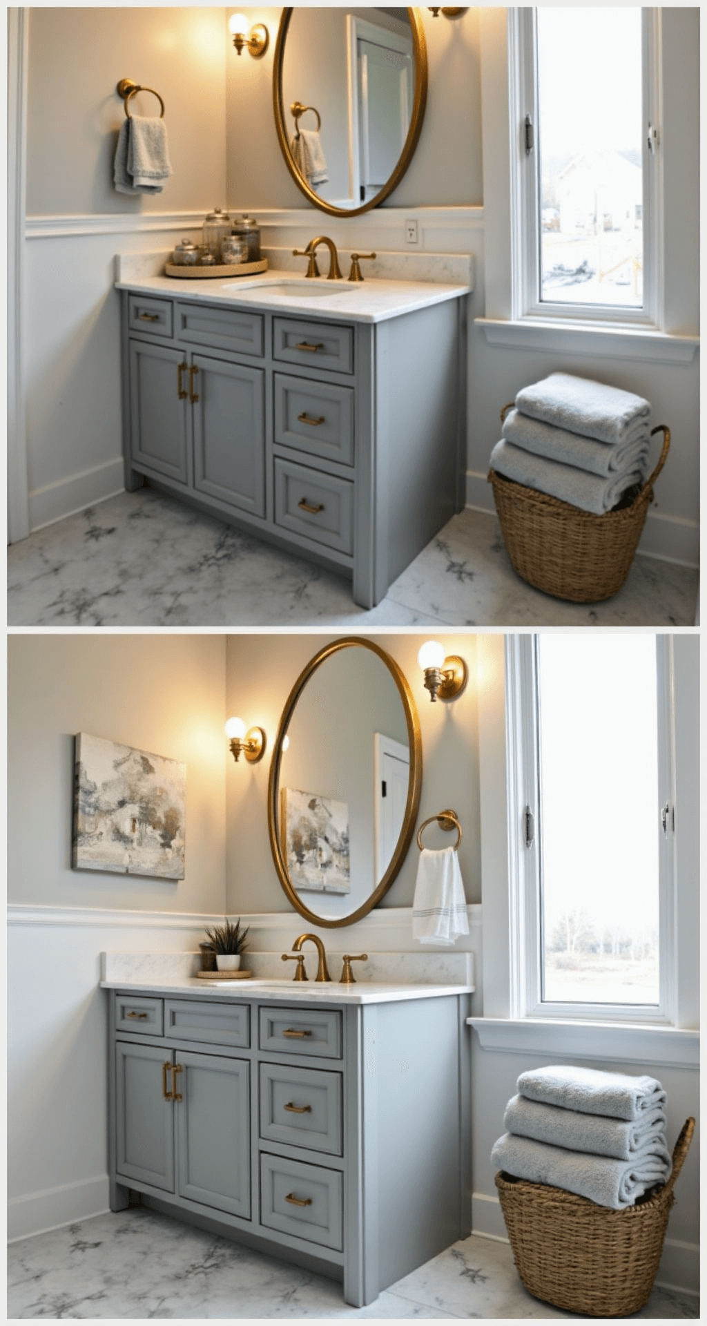 Grey Bathroom Decor: Your Ultimate Styling Guide for Timeless Elegance Elegant grey bathroom featuring painted walls and wainscoting, marble-look vinyl flooring, and warm lighting from sconces. A grey vanity with gold hardware holds a white marble countertop, while carefully styled accessories, including apothecary jars and artwork, enhance the visual appeal. A round gold-framed mirror reflects the sophisticated ambiance.