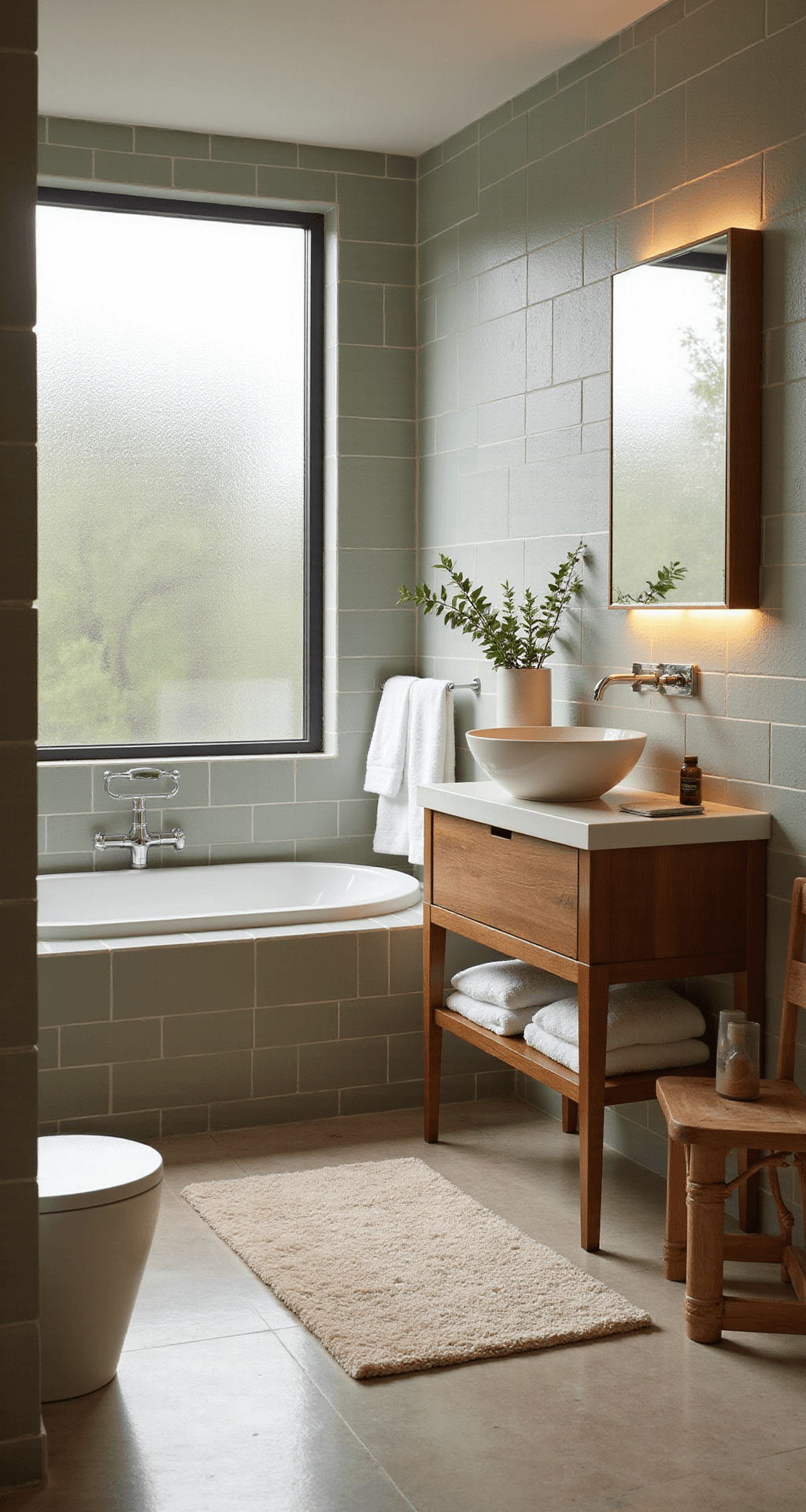 Bathroom Decor Themes 2025: Transform Your Space into a Personal Sanctuary A luxurious spa-inspired bathroom featuring a freestanding soaking tub beneath a large window, sage green subway tiles, a floating teak vanity, and warm natural stone flooring, all illuminated by soft morning light.