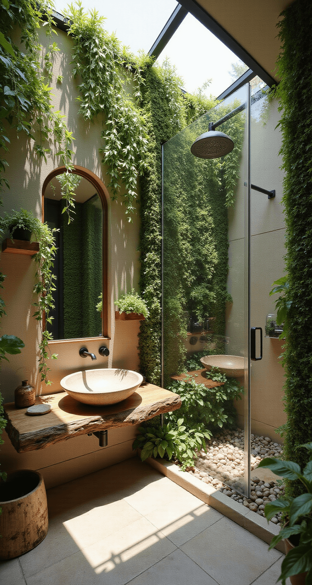 Bathroom Decor Themes 2025: Transform Your Space into a Personal Sanctuary A serene biophilic bathroom featuring a live moss wall, floating driftwood shelves with trailing plants, natural limestone tiles, a polished river stone vessel sink, and a rainfall shower with pebble flooring, all illuminated by natural light from a skylight.