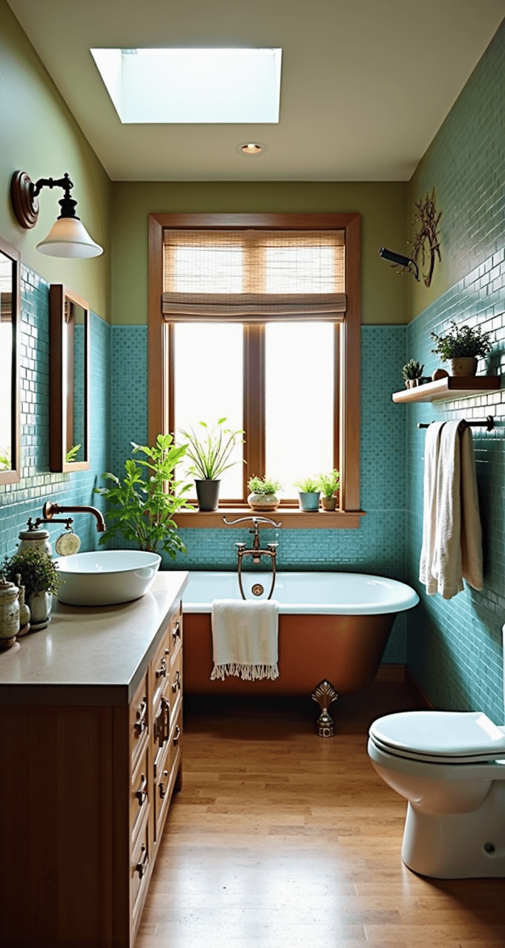 Bathroom Decor Themes 2025: Transform Your Space into a Personal Sanctuary Eco-friendly bathroom featuring recycled glass mosaic tiles, reclaimed barn wood vanity, cork flooring, bamboo Roman shades, vintage copper clawfoot tub, potted herbs in recycled ceramic planters, low-VOC sage walls, mason jar storage, and organic cotton towels, all captured in warm afternoon light.