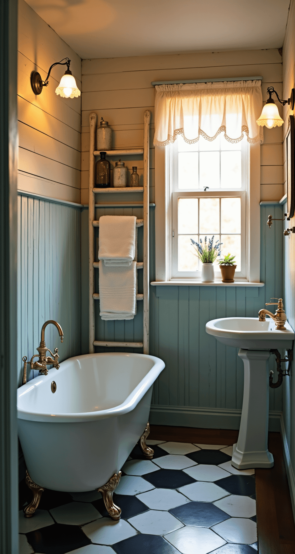 Bathroom Decor Themes 2025: Transform Your Space into a Personal Sanctuary Charming vintage farmhouse bathroom with a white clawfoot bathtub on checkerboard flooring, soft powder blue shiplap walls, and a pedestal sink, featuring warm golden hour lighting and cozy details like quilted towels and dried lavender.