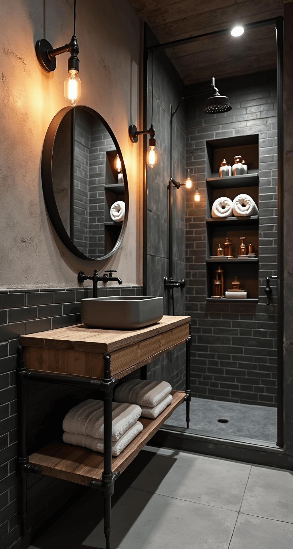 Bathroom Decor Themes 2025: Transform Your Space into a Personal Sanctuary An industrial chic bathroom featuring exposed black iron plumbing, raw concrete walls, and dark charcoal subway tiles in a herringbone pattern, with a floating reclaimed steel and wood vanity, concrete vessel sink, and matte black fixtures; Edison bulb pendants hang above a walk-in shower with industrial pipe fixtures, while weathered metal shelving displays rolled towels. The polished concrete floor reflects the dramatic evening lighting and strong shadows, emphasizing the room's height and urban sophistication.