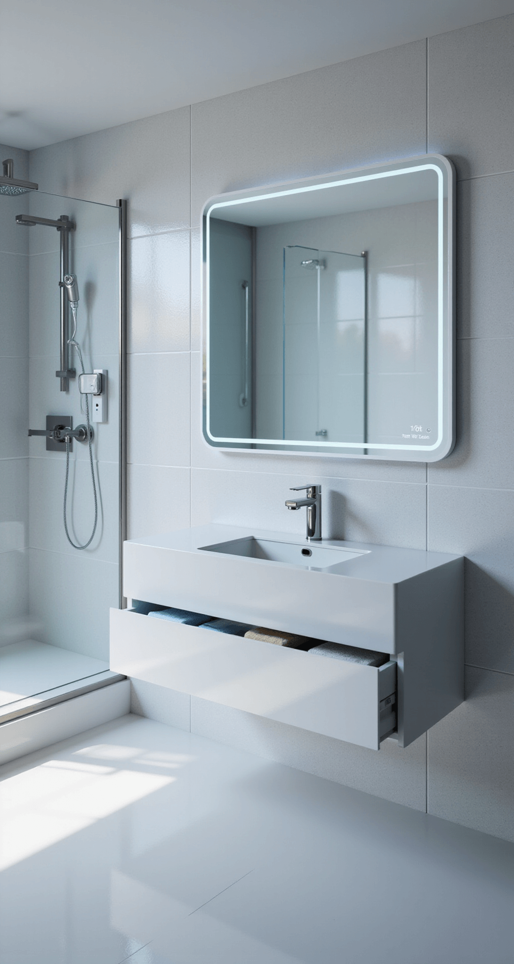 Bathroom Decor Themes 2025: Transform Your Space into a Personal Sanctuary Futuristic luxury bathroom featuring a smart mirror, sensor-activated floating vanity, digital shower with chromotherapy, and touchless faucets, all in a sleek white and stainless steel color scheme with blue LED accents.