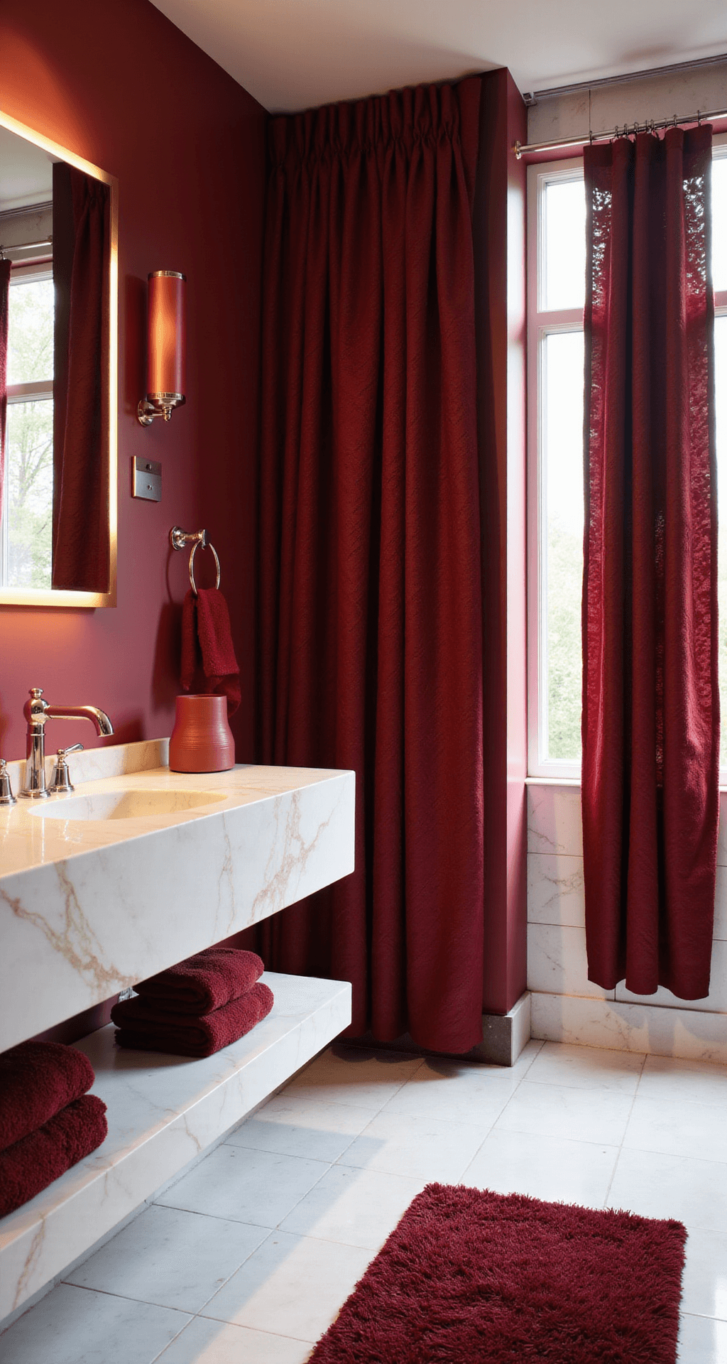 Red Bathroom Decor: Transform Your Space with Bold Crimson Flair Luxurious modern bathroom featuring a deep crimson accent wall, white marble countertops with gold veining, and chrome fixtures. The space is adorned with a floating white vanity, oversized red shower curtain, and plush burgundy towels on shelves. A matte red ceramic soap dispenser and glossy red bath mat complement the white tile flooring, with morning natural light filtering through a frosted window.