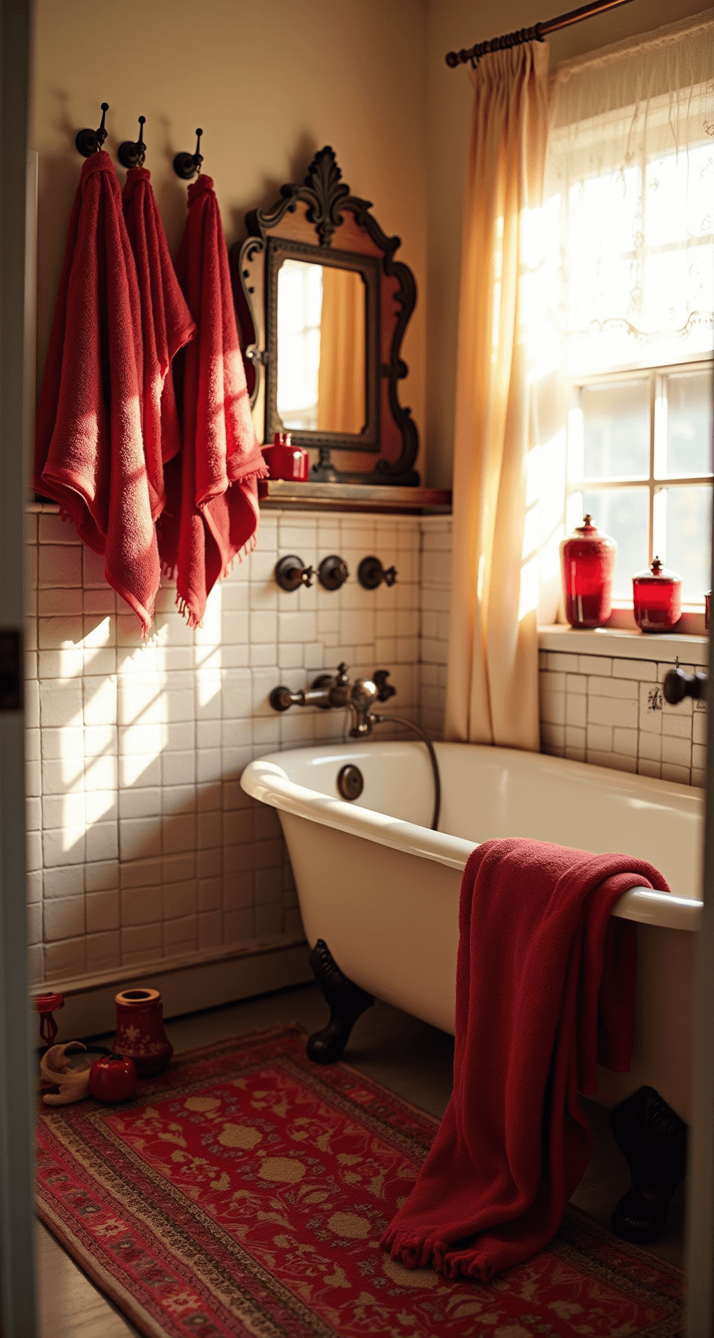 Red Bathroom Decor: Transform Your Space with Bold Crimson Flair Cozy traditional bathroom with cherry red towels on an antique brass rack, white subway tiles with dark grout, and a soft cream vintage clawfoot tub. Sunlight filters through sheer curtains, highlighting red accents and a woven red rug. Textured elements include a rough-hewn wood mirror and smooth porcelain fixtures.