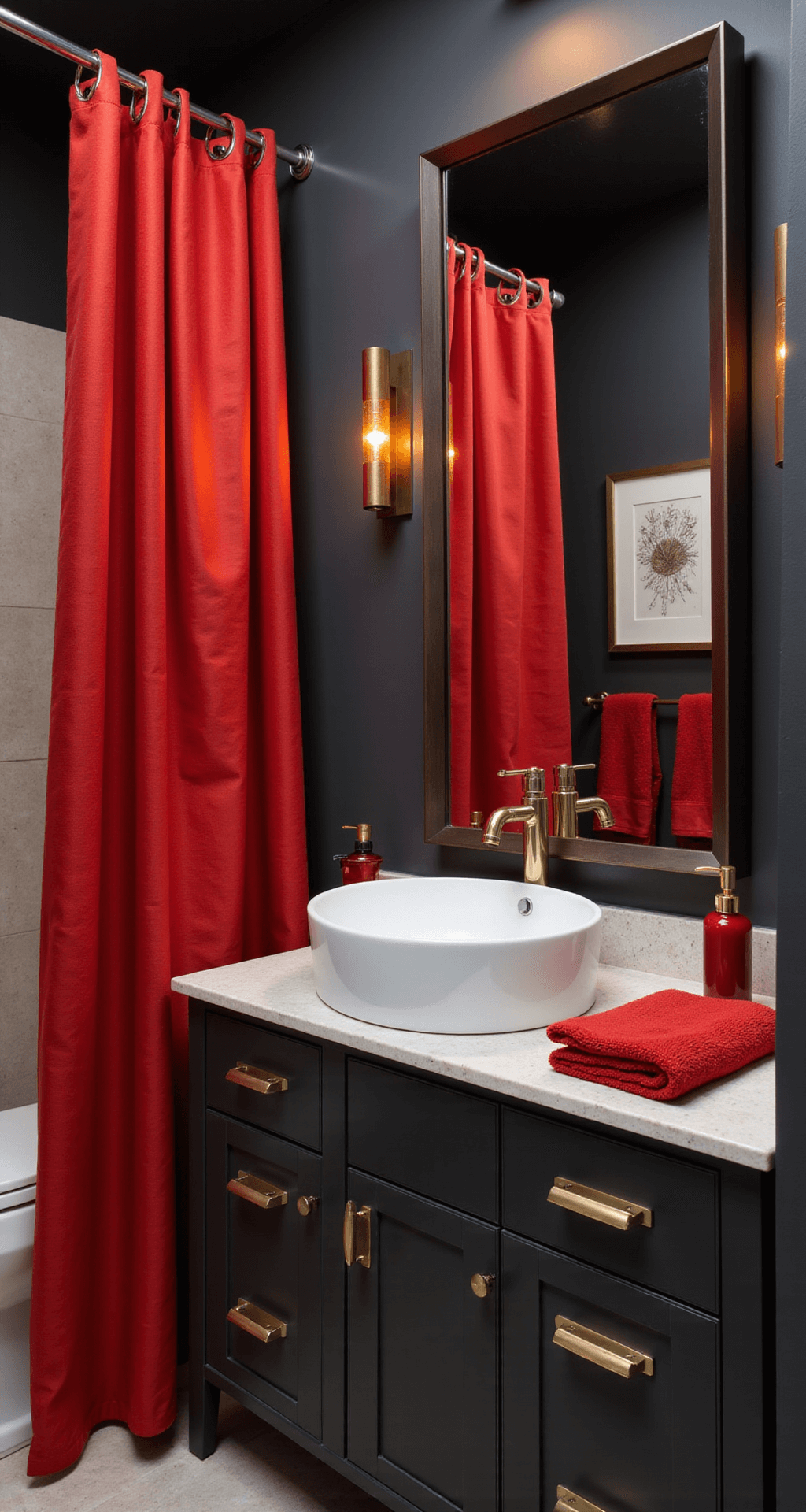Red Bathroom Decor: Transform Your Space with Bold Crimson Flair Contemporary powder room with bold red shower curtain and sleek white vessel sink on charcoal vanity, featuring brushed gold hardware, dramatic evening lighting, glossy red accessories, and matte black walls, shot from a low angle to highlight vertical lines and modern luxury aesthetics.
