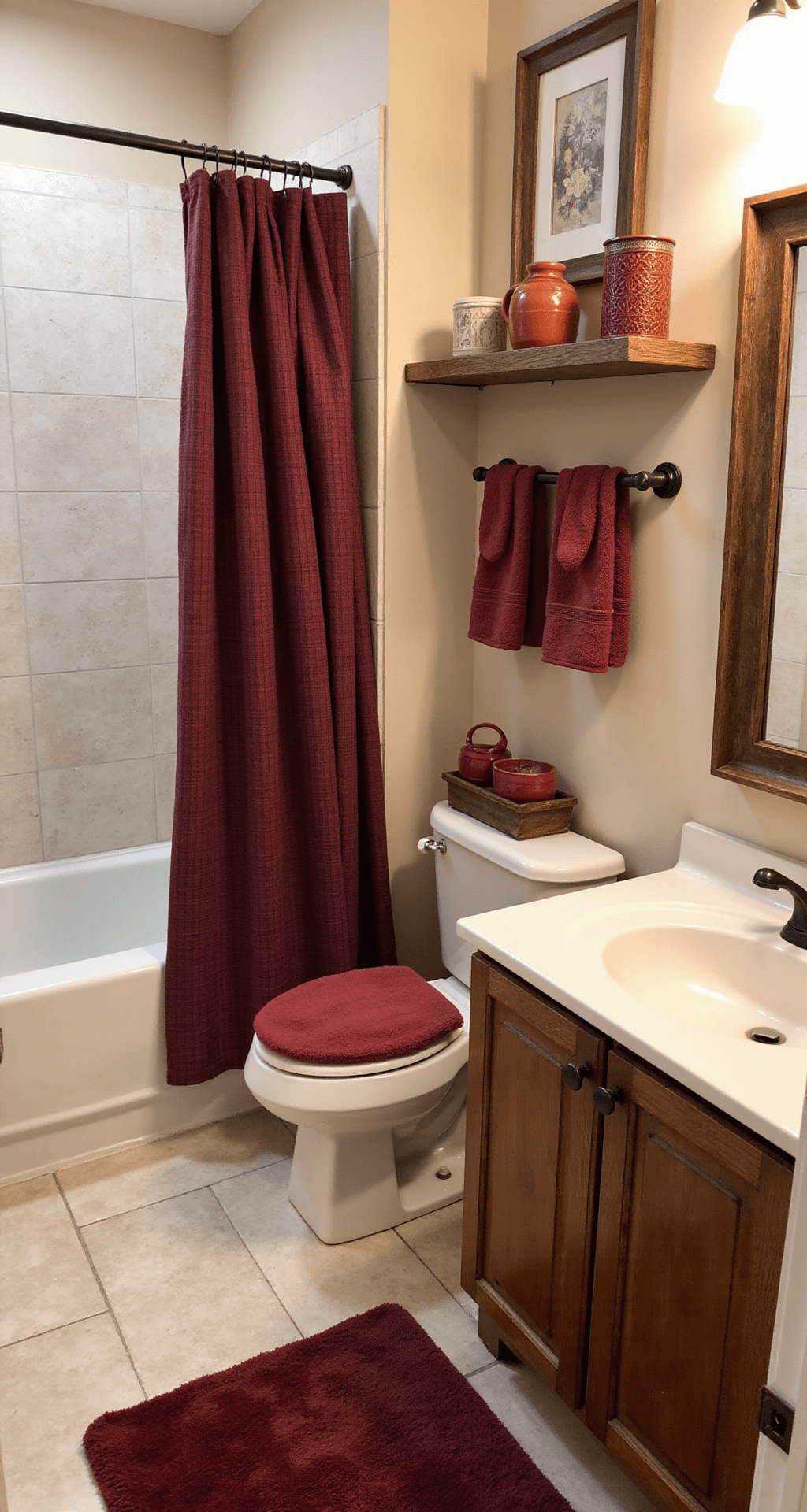 Red Bathroom Decor: Transform Your Space with Bold Crimson Flair Cozy winter bathroom with cream-colored walls, deep burgundy and russet red accents, vintage oil-rubbed bronze fixtures, red plaid shower curtain, matching burgundy towels, rustic wooden accessories, and a rich velvet bath mat, all bathed in soft morning light.