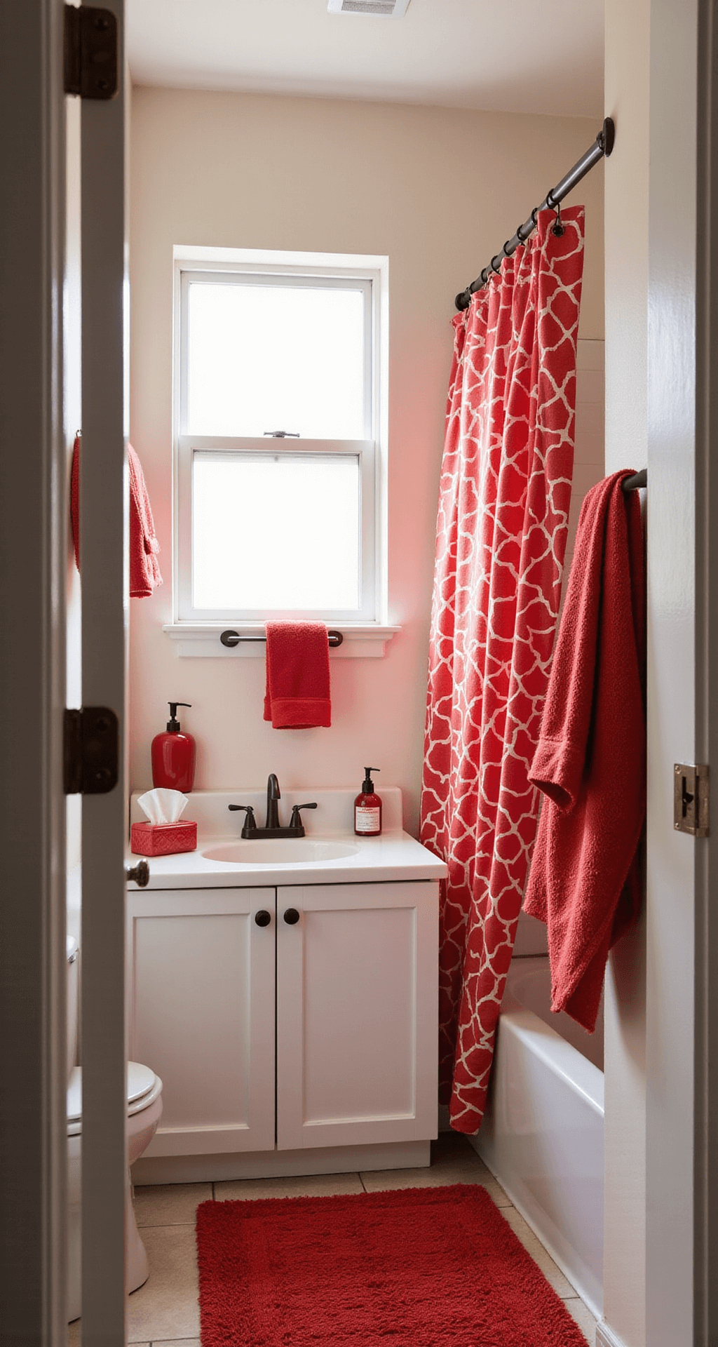 Red Bathroom Decor: Transform Your Space with Bold Crimson Flair Budget-friendly bathroom makeover showcasing bright flame-red accessories against white tile, featuring a geometric shower curtain, coordinating vanity items, and cherry red towels, all illuminated by afternoon sunlight.