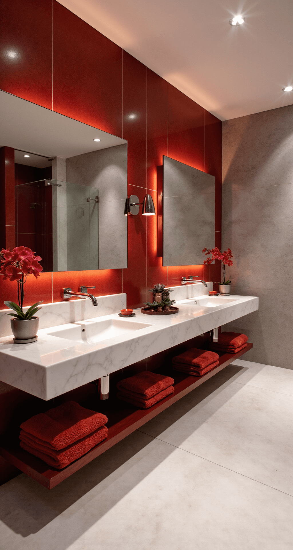 Red Bathroom Decor: Transform Your Space with Bold Crimson Flair Sophisticated spa-like bathroom featuring a blend of red tones, white marble surfaces, polished chrome fixtures, and a spacious floating double vanity, illuminated with warm LED lighting, topped off with a red orchid arrangement for a luxurious evening ambiance.