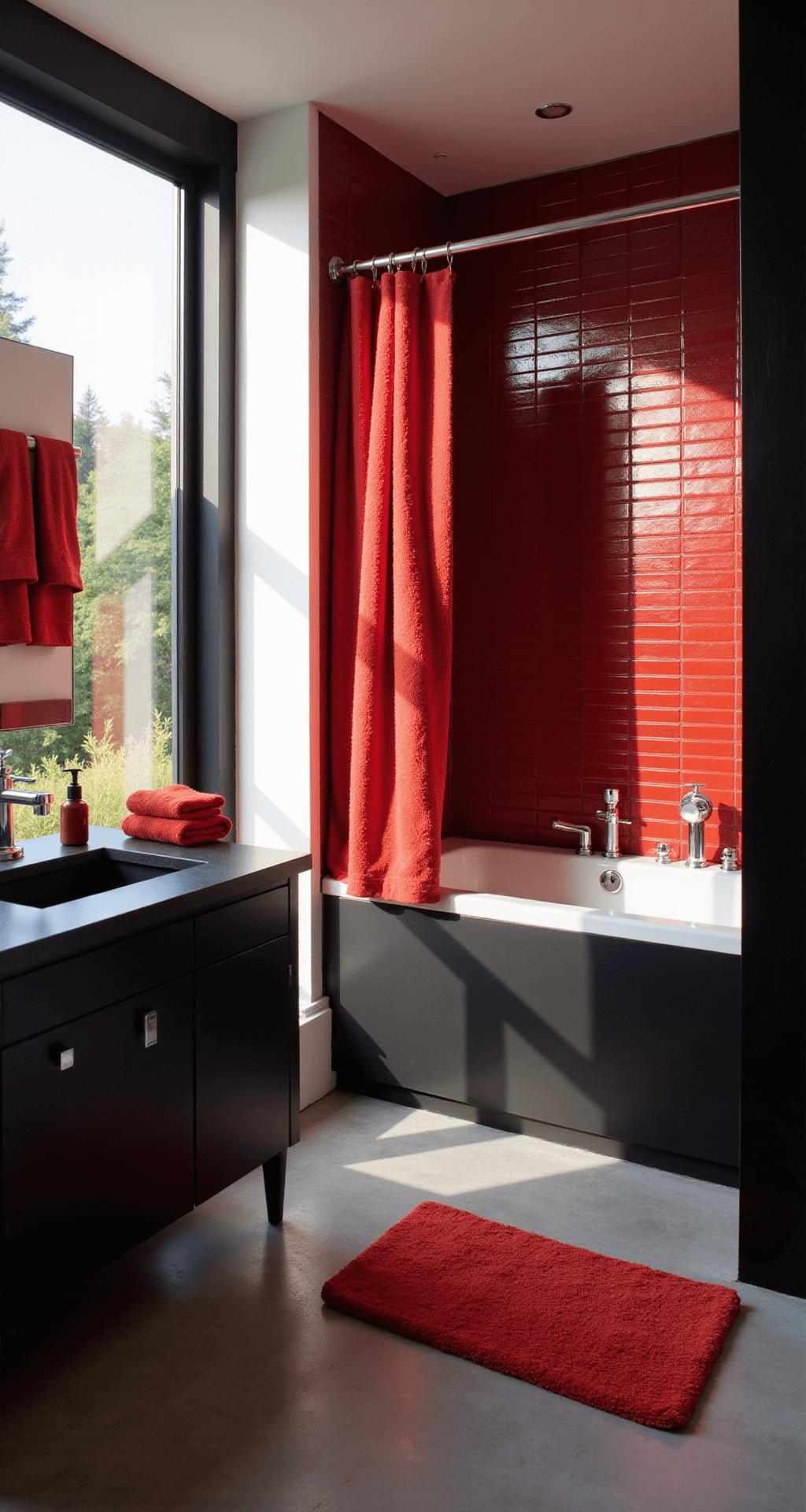 Red Bathroom Decor: Transform Your Space with Bold Crimson Flair Dramatic modern bathroom with bold red and black colors, featuring natural light from a large window, a matte black vanity, glossy red backsplash tiles, chrome fixtures, and carefully arranged red accessories, captured from a low angle to emphasize geometric lines.