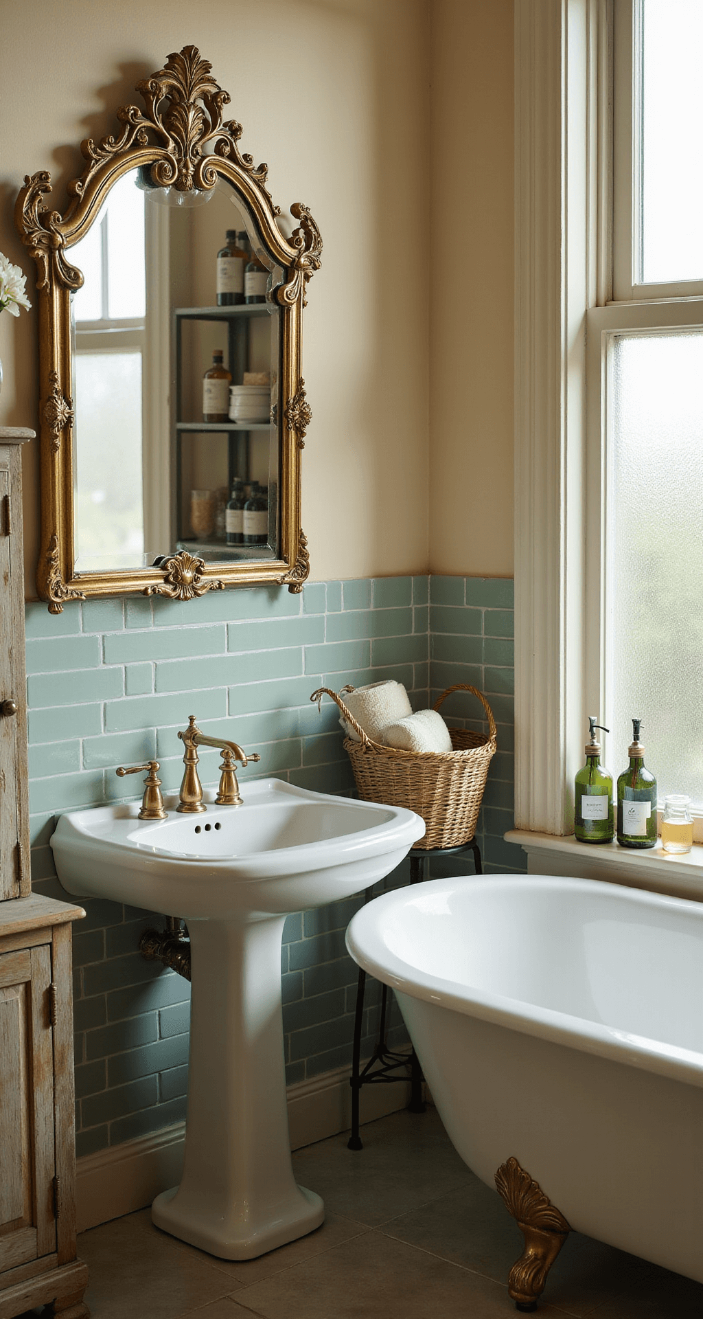 Vintage Bathroom Decor: Transforming Your Space with Timeless Charm Photorealistic vintage bathroom interior featuring an ornate brass-framed mirror above a white porcelain pedestal sink, with mid-morning light illuminating sage green subway tiles and a clawfoot bathtub; warm cream walls enhance the nostalgic atmosphere.