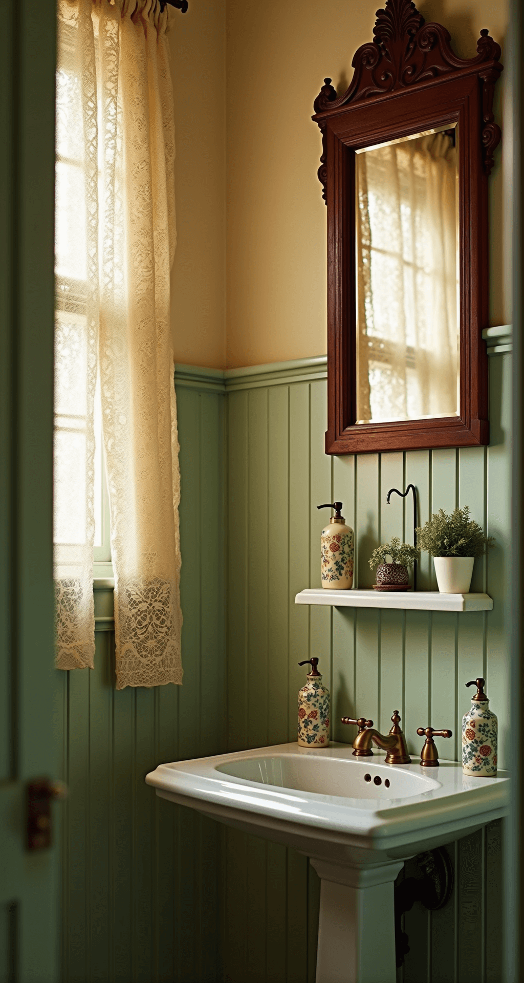 Vintage Bathroom Decor: Transforming Your Space with Timeless Charm An intimate vintage powder room featuring antique brass fixtures, a marble-topped vanity, and soft mint green beadboard wainscoting, illuminated by golden hour sunlight through lace curtains.
