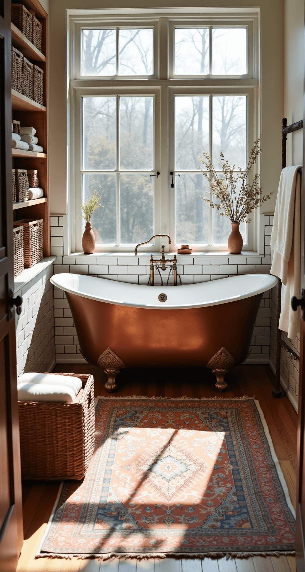 Vintage Bathroom Decor: Transforming Your Space with Timeless Charm Spacious vintage bathroom with white subway tile, natural oak flooring, and a freestanding copper bathtub, accented by layered Persian-style rugs, large wicker baskets for storage, and dried eucalyptus branches, all illuminated by afternoon light through tall casement windows.