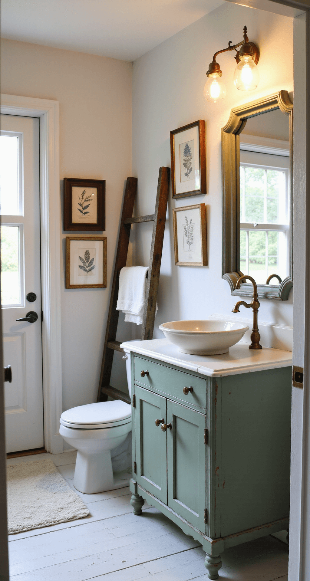 Vintage Bathroom Decor: Transforming Your Space with Timeless Charm A cozy vintage bathroom transformation with a repurposed antique dresser as a vanity, painted wooden floors, and mason jar light fixtures. The room features a hand-painted mirror in distressed sage green, vintage botanical prints on a gallery wall, and a ladder towel rack, all illuminated by natural light and warm Edison bulbs.