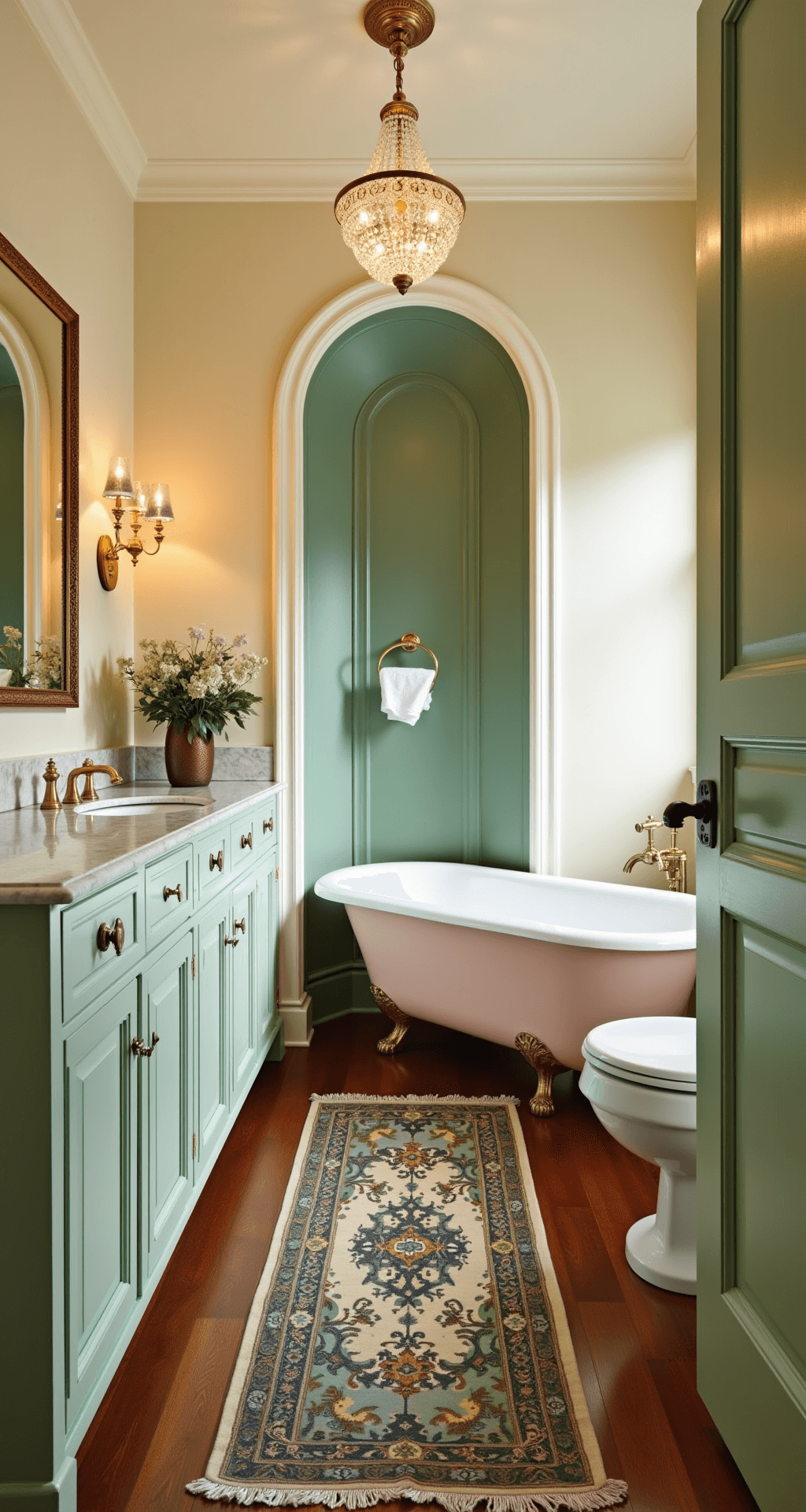 Vintage Bathroom Decor: Transforming Your Space with Timeless Charm Elegant vintage master bathroom featuring soft pastels and warm neutrals, with a mint green vanity, pale pink clawfoot tub, deep emerald green accent wall, and a vintage Persian runner, illuminated by a crystal chandelier in golden afternoon light.