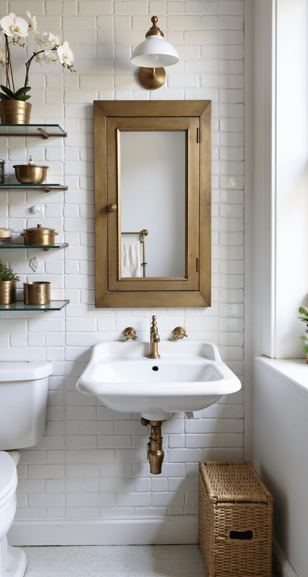 Vintage Bathroom Decor: Transforming Your Space with Timeless Charm A professionally styled vintage bathroom blending modern plumbing with vintage aesthetics; featuring white subway tiles, Victorian brushed brass fixtures, a 1920s medicine cabinet, and contemporary vessel sink. Bright light highlights vintage glass shelving and fresh orchids in brass planters, showcasing a curated design with strategic negative space.