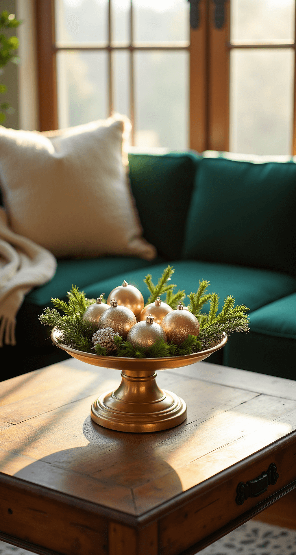A cozy living room at golden hour featuring sunlight streaming through floor-to-ceiling windows, with a weathered oak coffee table displaying a metallic gold-painted pedestal tray decorated with winter-white napkin decoupage, mercury glass ornaments, and pine sprigs. A deep green velvet sofa is in the background, draped with a cream knit throw, captured at a 45-degree angle to highlight warm ambient lighting and holiday elegance.
