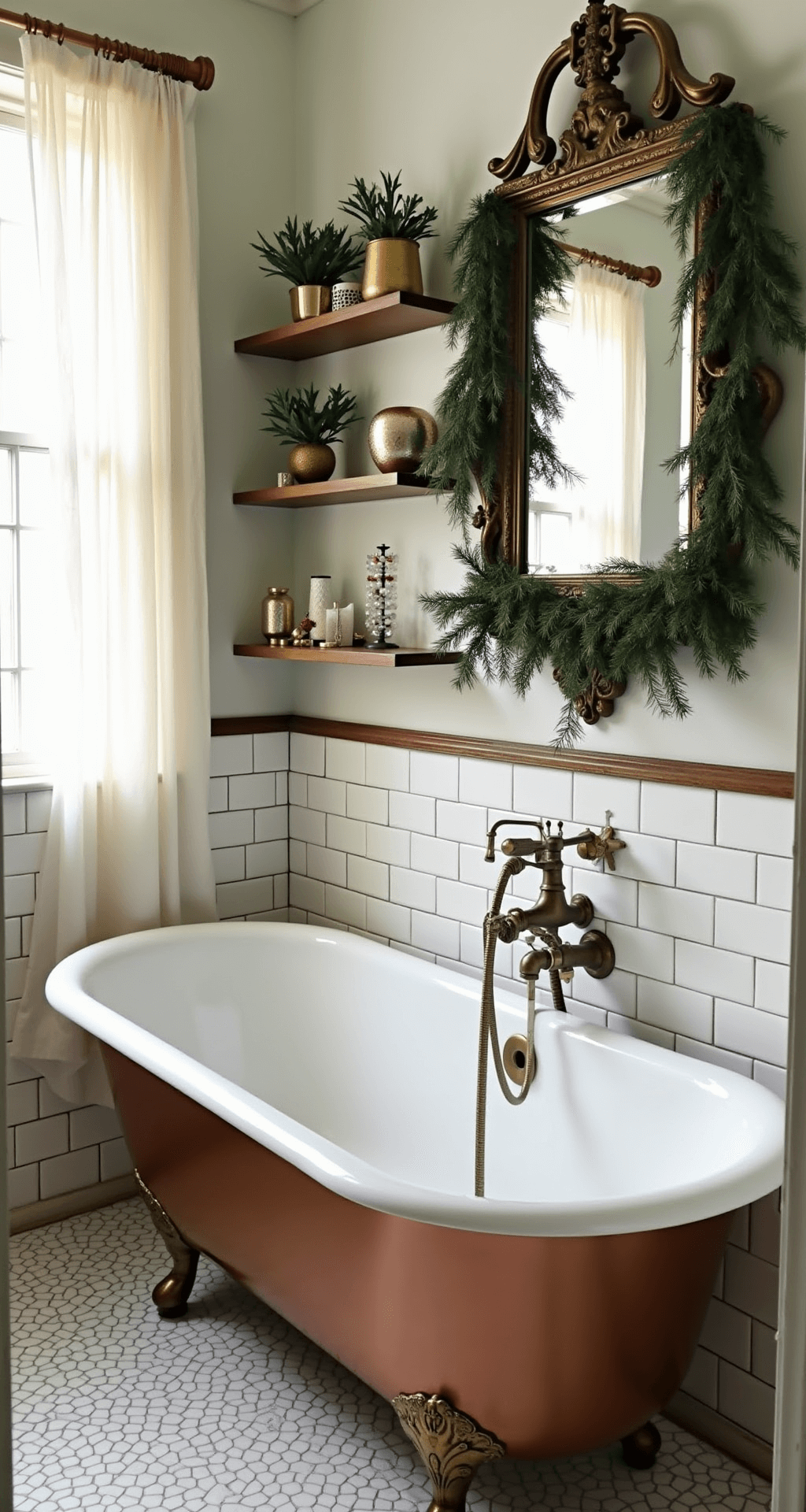 Vintage Bathroom Decor: Transforming Your Space with Timeless Charm A charming vintage bathroom adorned with fresh greenery and seasonal decorations, featuring a copper bathtub, antique brass mirror, and holiday-themed mercury glass accessories, illuminated by soft winter light filtering through sheer curtains.