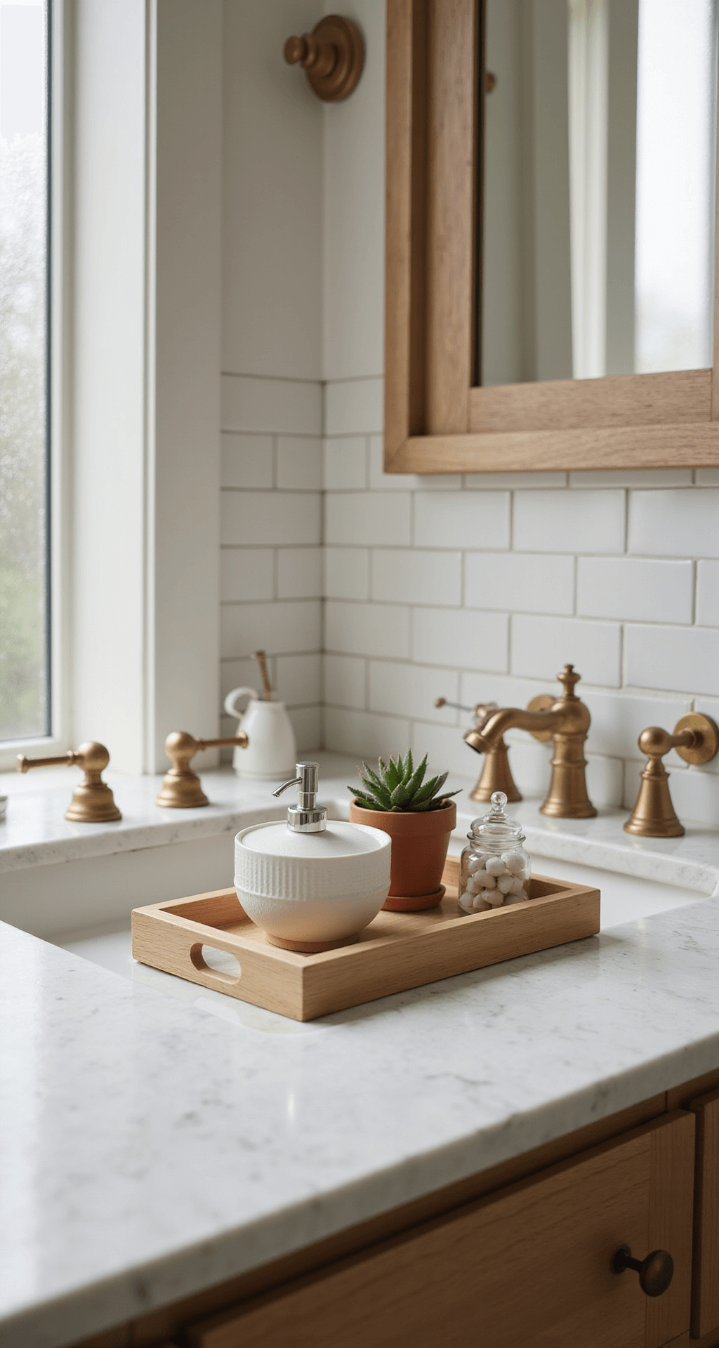 Bathroom Counter Decor: Transform Your Space with Style and Function Photorealistic bathroom counter with modern marble vanity, brass fixtures, and soft morning light illuminating a bamboo tray holding a ceramic soap dispenser, glass cotton ball jar, and small succulent. Crisp white subway tiles and warm beige tones contribute to a spa-like atmosphere, while a shallow depth of field blurs the background mirror.