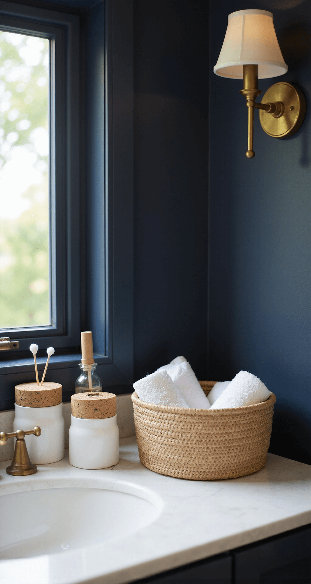 Bathroom Counter Decor: Transform Your Space with Style and Function Intimate bathroom counter vignette featuring white ceramic containers with cork lids, a woven seagrass basket, and soft afternoon light illuminating dark navy walls, creating a cozy and organized atmosphere.