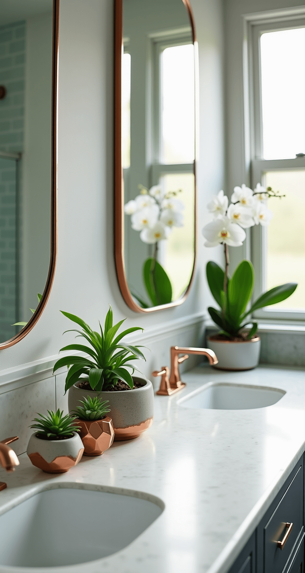 Bathroom Counter Decor: Transform Your Space with Style and Function Bright bathroom counter with a spacious double vanity featuring quartz countertops and chrome fixtures, adorned with natural greenery including air plants in geometric copper holders, a jade succulent in a concrete planter, and a white orchid stem in a clear vase, all reflecting abundant natural light from a large mirror.
