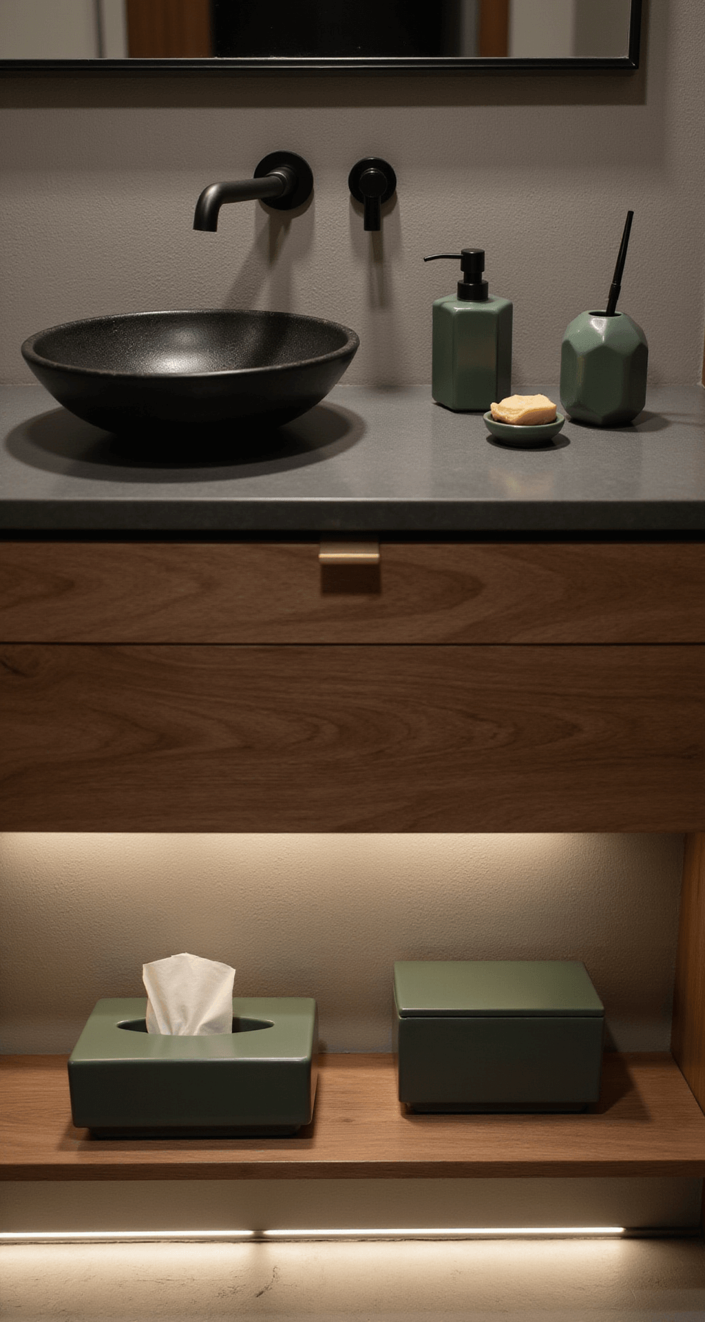 Bathroom Counter Decor: Transform Your Space with Style and Function Stylized bathroom counter from a low angle featuring a warm walnut floating vanity, vessel sink, and matte black faucet, with sage green ceramic accessories including a soap dispenser, toothbrush holder, and tissue box cover, illuminated by soft LED strip lighting, set against an earthy palette with brass accents.