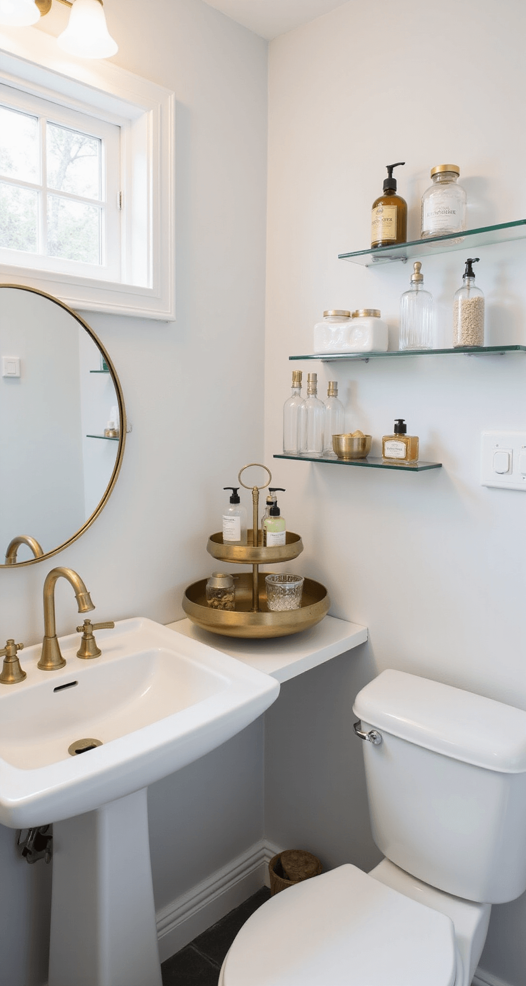Bathroom Counter Decor: Transform Your Space with Style and Function Compact bathroom counter featuring a narrow pedestal sink, vertical storage with a three-tiered brass tray for essentials, and a mini floating shelf with glass bottles, all in a white and gold palette, illuminated by natural and vanity light for a spacious, efficient urban style.