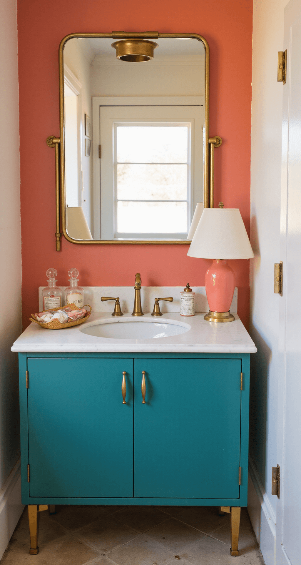 Bathroom Counter Decor: Transform Your Space with Style and Function Colorful mid-century modern bathroom counter featuring a teal lacquer vanity with brass legs and white marble top, styled with coral and white accessories, vintage glass bottles, a ceramic catchall dish, and a small fabric-shaded table lamp, all bathed in warm golden hour light.