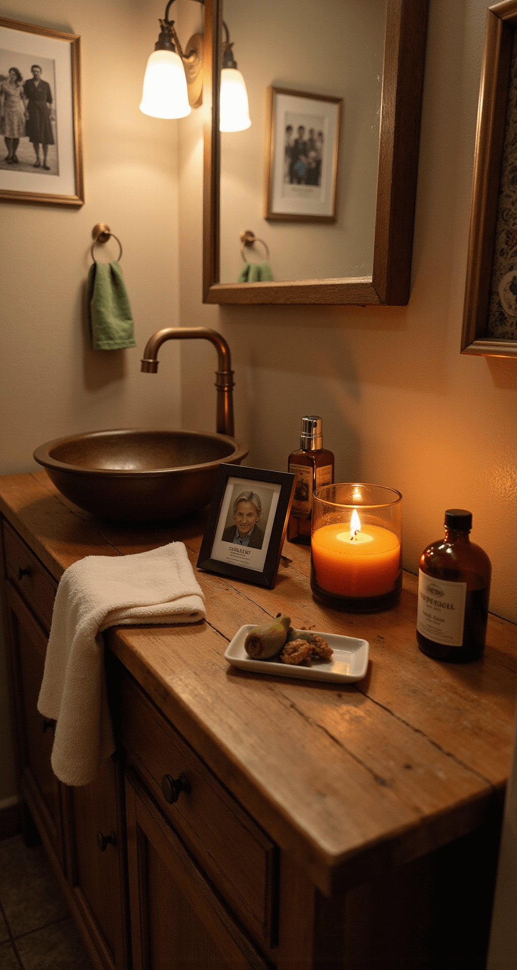 Bathroom Counter Decor: Transform Your Space with Style and Function Close-up of a rustic bathroom counter featuring a reclaimed wood vanity and a farmhouse-style vessel sink, adorned with a luxury soy candle in amber glass, a small framed family photo, and a vintage perfume atomizer. The soft candlelight enhances a cozy ambiance in warm earth tones, creating a romantic and intimate atmosphere.