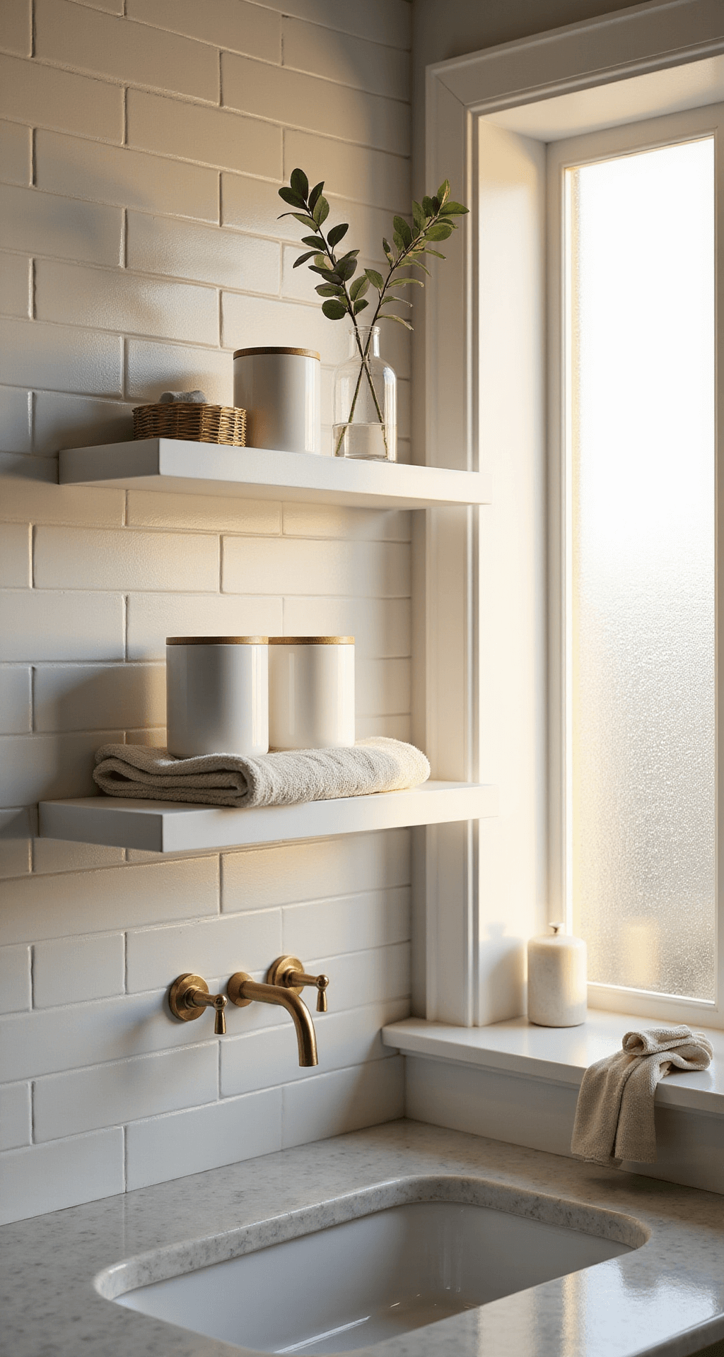 Bathroom Shelves Decor: Transform Your Space with Style and Functionality A serene modern bathroom with floating white shelves on a subway-tiled wall, featuring natural light from a frosted window, displaying ceramic containers and eucalyptus, complemented by cream linen towels and brass fixtures on warm white walls.