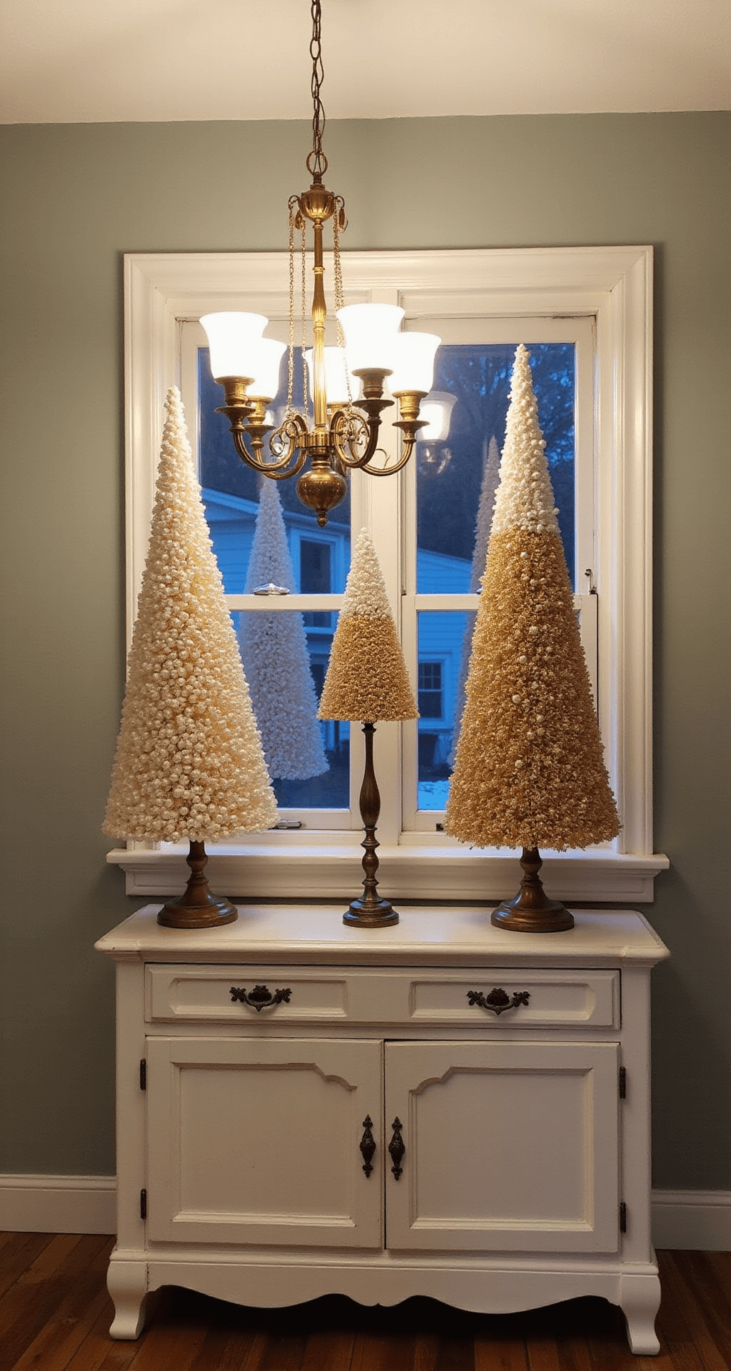 Intimate dining room scene with soft chandelier lighting showcasing three DIY wooden bead Christmas trees on an antique white sideboard. The trees have an ombré effect from champagne to pearl with subtle glitter, flanked by vintage brass candlesticks. A wide-angle view captures the triangular composition, blending cool blue-hour window light with warm interior glow.